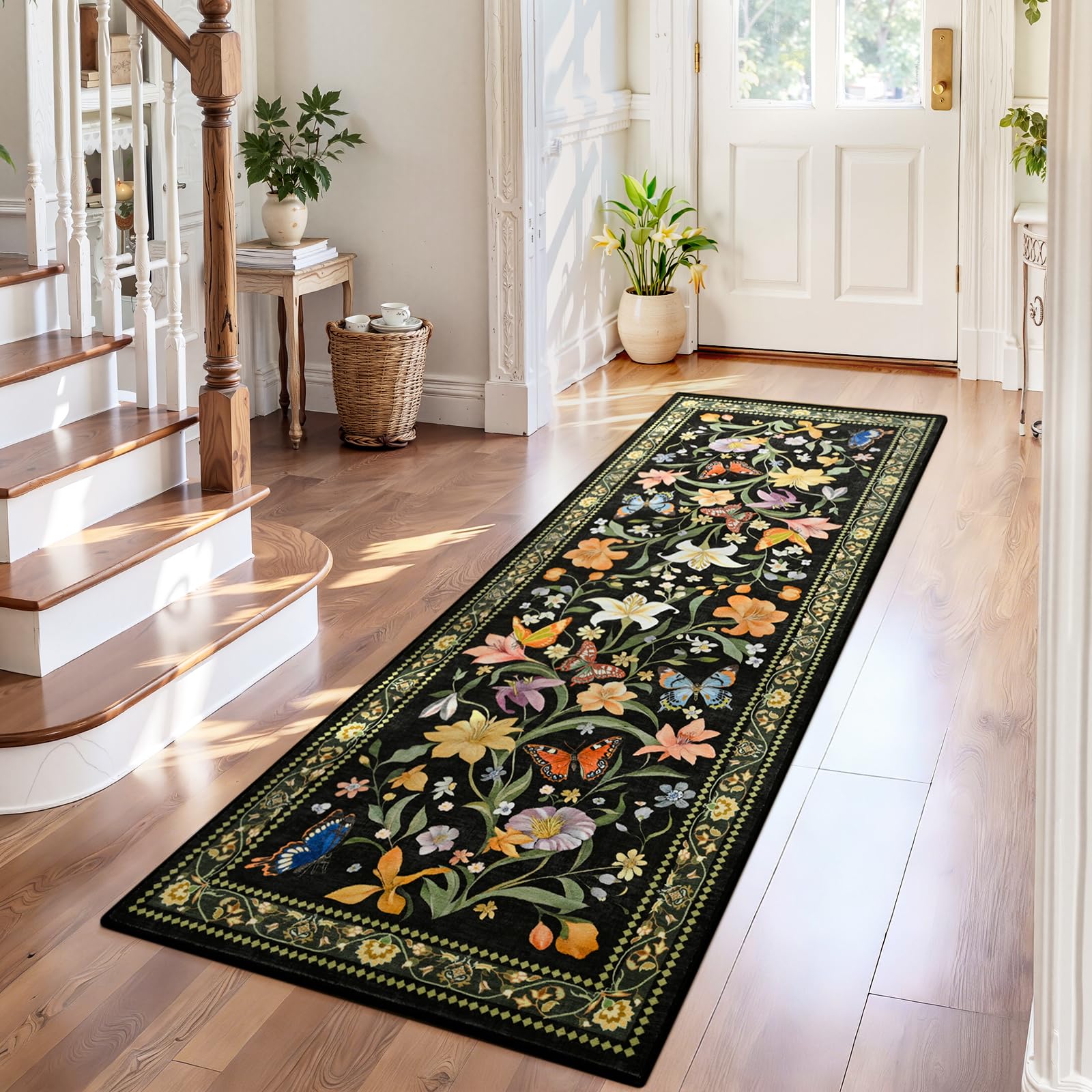 2x6 Washable Runners for Hallways Non Slip, Black Floral Kitchen Runner Rug with Rubber Backing, Vintage Carpet Runner for Entryway, Kitchen, Laundry, Bedroom, Bathroom