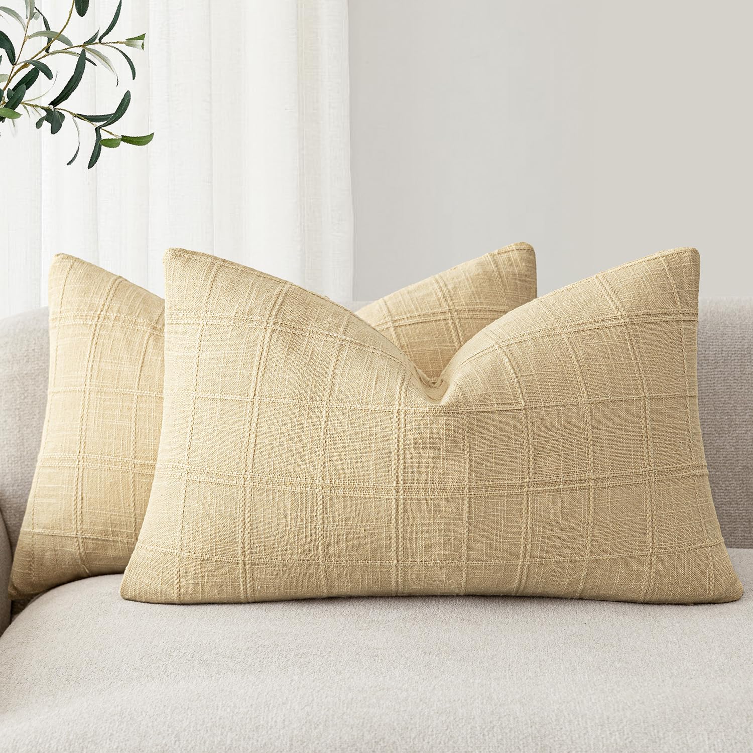 Foindtower Set of 2 Decorative Linen Check Throw Pillow Covers Neutral Farmhouse Vintage Cushion Covers Modern Boho Home Decor for Sofa Chair Couch Bedroom Living Room,18×18 Inch,Natural Beige