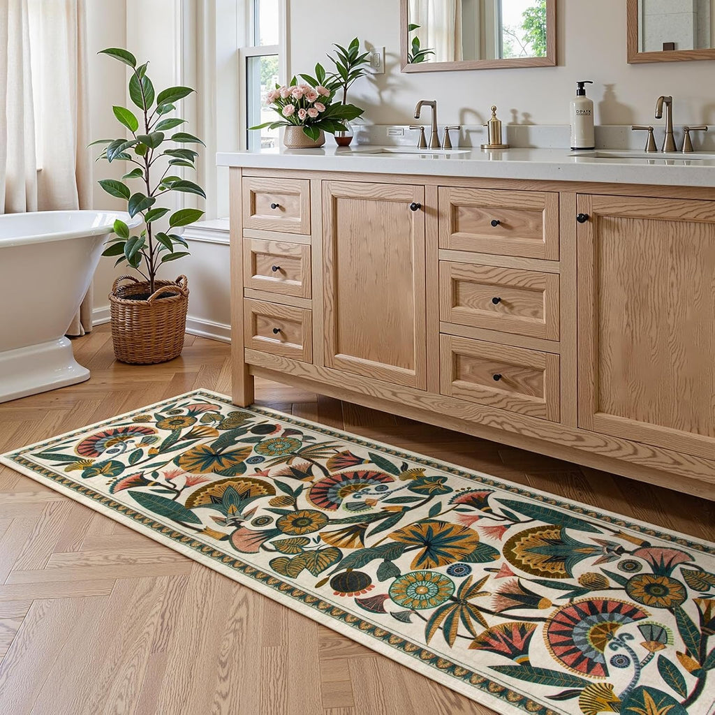2'6''x8' Beige Egypt Floral Washable Non Slip Boho Runner Rug for Bathroom Kitchen Hallway Entryway Laundry Room
