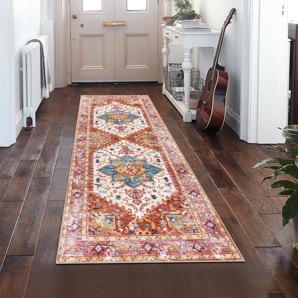 Yamaziot Washable Runner Rug, 2x8 Non-Slip Boho Vintage Hallway Rug Runner with Rubber Backing, Stain Resistant & Low Pile Faux Wool Distressed Carpet Runner for Bedroom, Kitchen, Laundry, Entrance