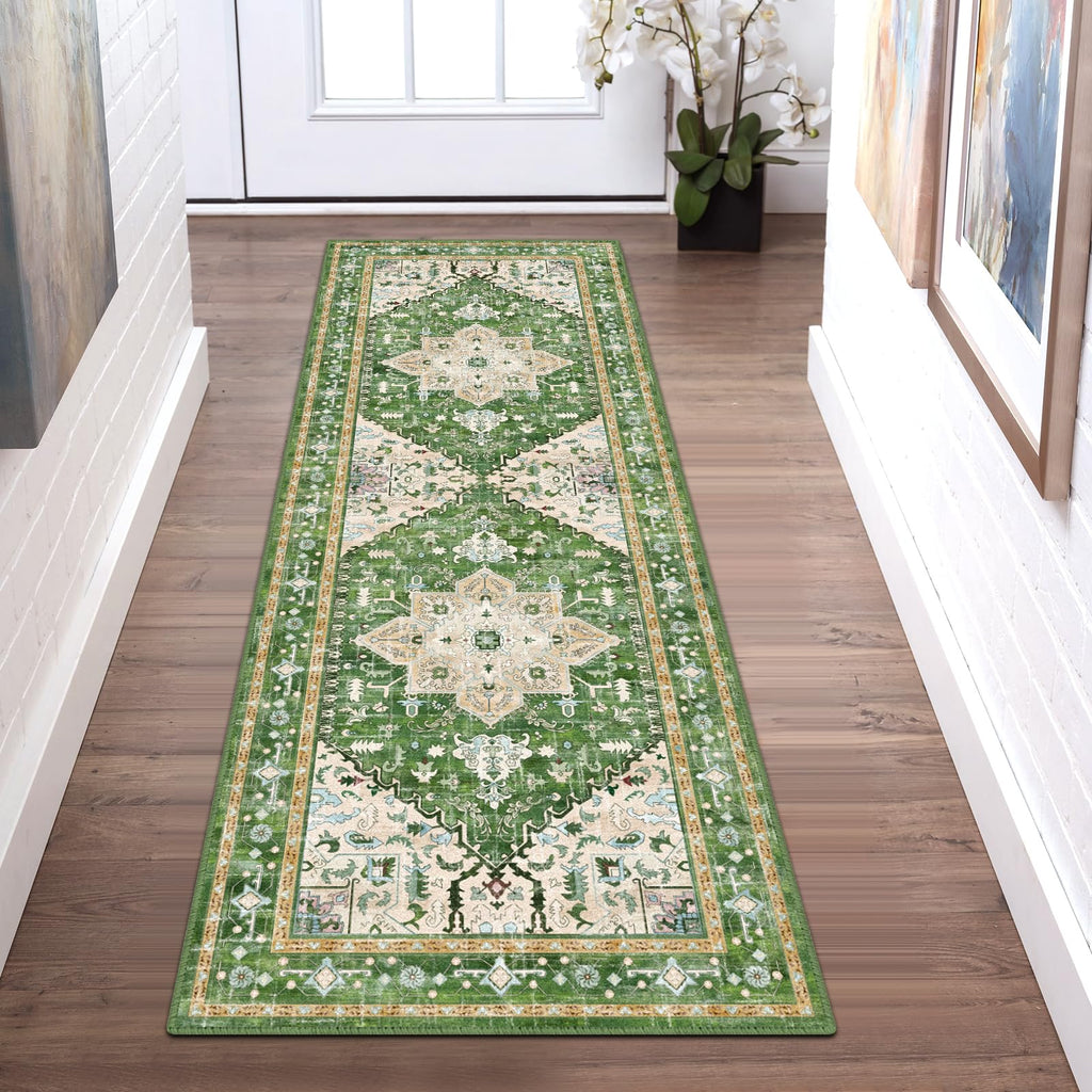 Yamaziot Washable Runner Rug, 2x8 Non-Slip Boho Vintage Hallway Rug Runner with Rubber Backing, Stain Resistant & Low Pile Faux Wool Distressed Carpet Runner for Bedroom, Kitchen, Laundry, Entrance