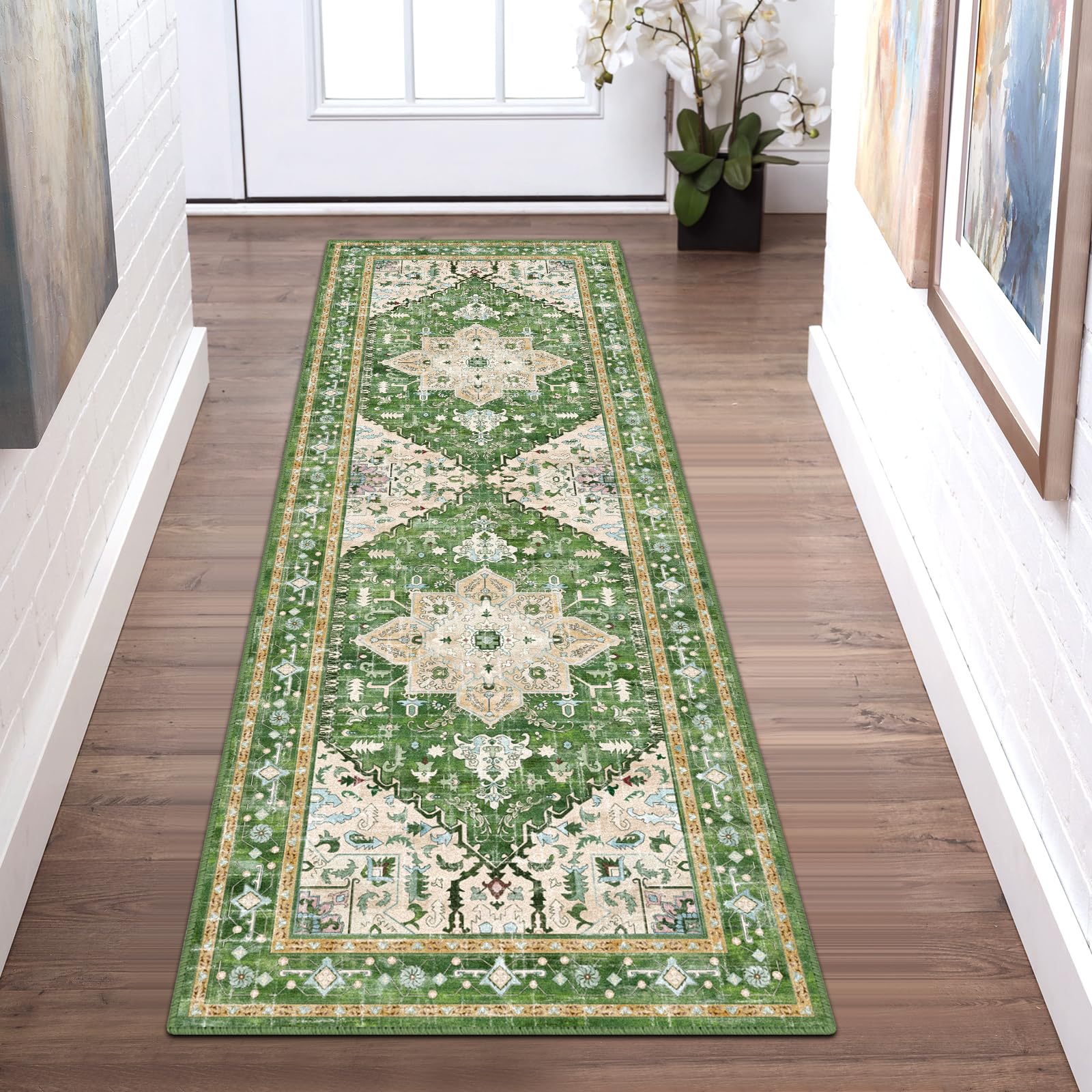 Yamaziot Washable Runner Rug, 2x8 Non-Slip Boho Vintage Hallway Rug Runner with Rubber Backing, Stain Resistant & Low Pile Faux Wool Distressed Carpet Runner for Bedroom, Kitchen, Laundry, Entrance