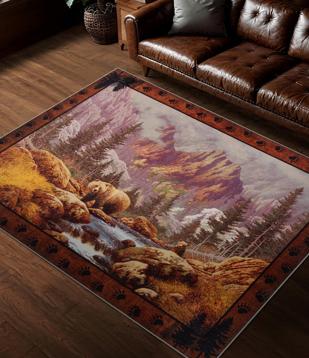 Hallway Runner Rug 2x6 Indoor Door Mat - Bear Rustic Cabin Non-Slip Entryway Rug, Low Pile Tribal Print for Kitchen, Bedroom