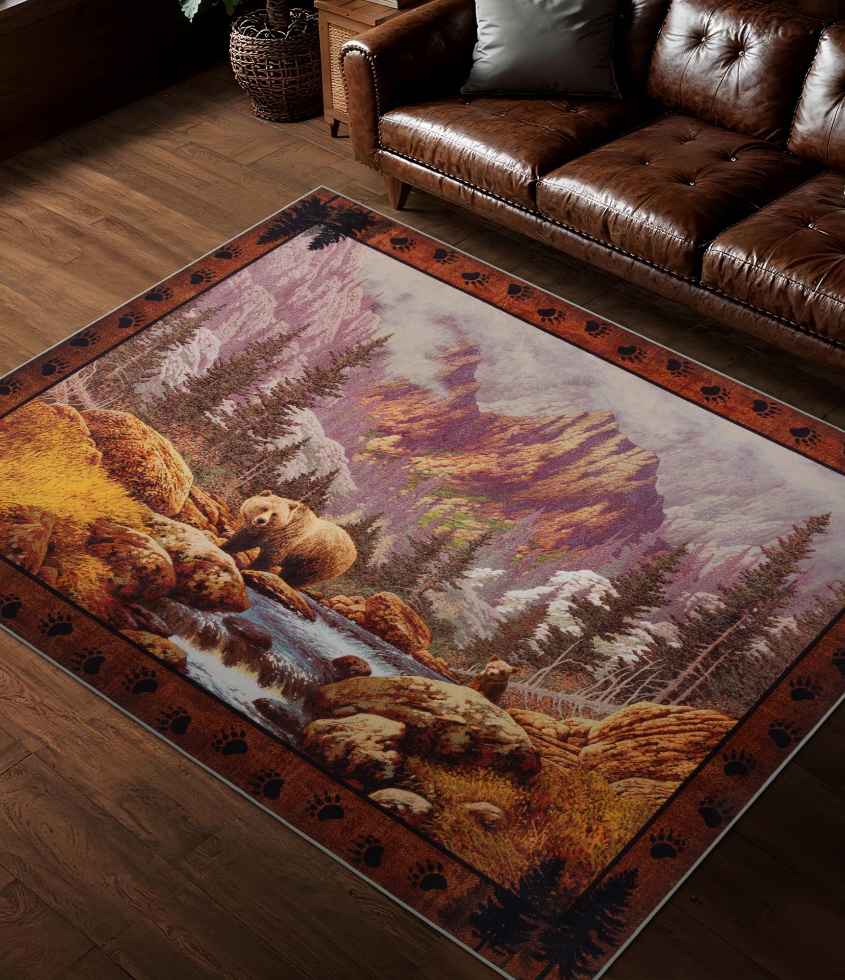 Hallway Runner Rug 2x6 Indoor Door Mat - Bear Rustic Cabin Non-Slip Entryway Rug, Low Pile Tribal Print for Kitchen, Bedroom