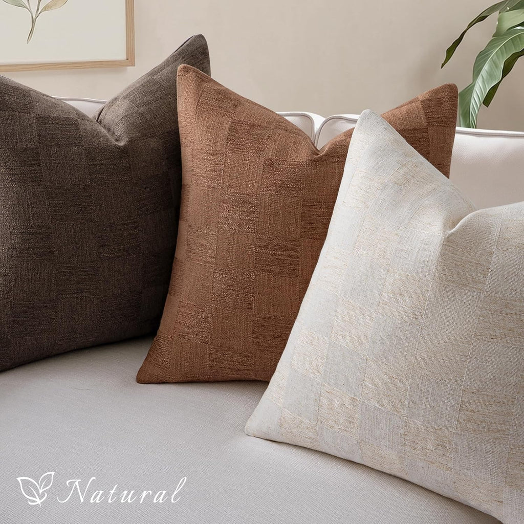 a moment Set of 2 Decorative Linen Throw Pillow Covers,Large Grid Textured Neutral Boho Farmhouse Cushion Covers,Soft Aesthetic Pillowcases for Couch Sofa Living Room Home Decor,20x20 Inch,Beige