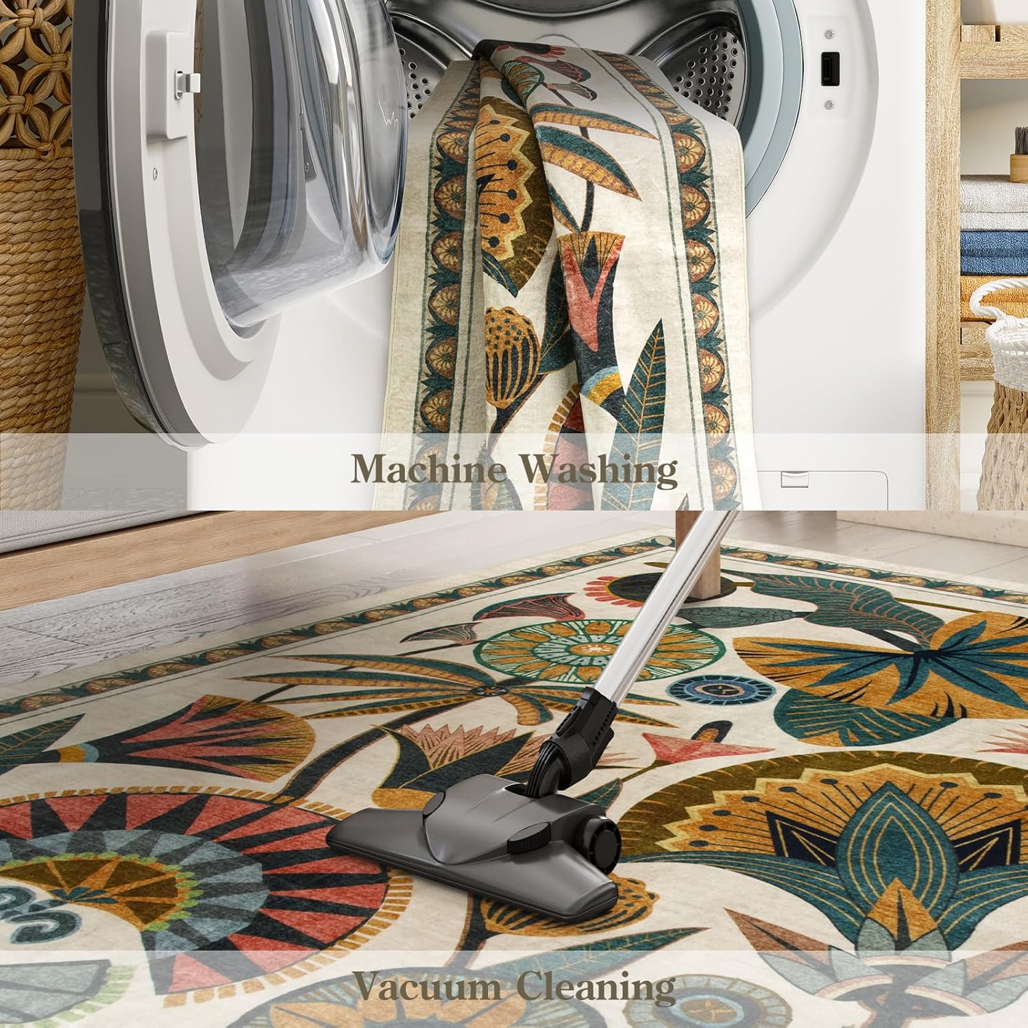 2'6''x8' Beige Egypt Floral Washable Non Slip Boho Runner Rug for Bathroom Kitchen Hallway Entryway Laundry Room