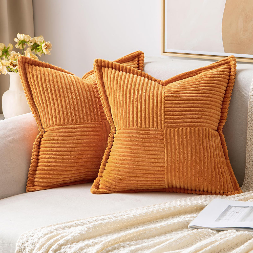 MIULEE Decorative Throw Pillow Covers for Couch Bed Livingroom 20x20 Inch Set of 2 Beige Boho Accent Throw Pllows Broadside Striped Patchwork Soft Corduroy Pillowcases