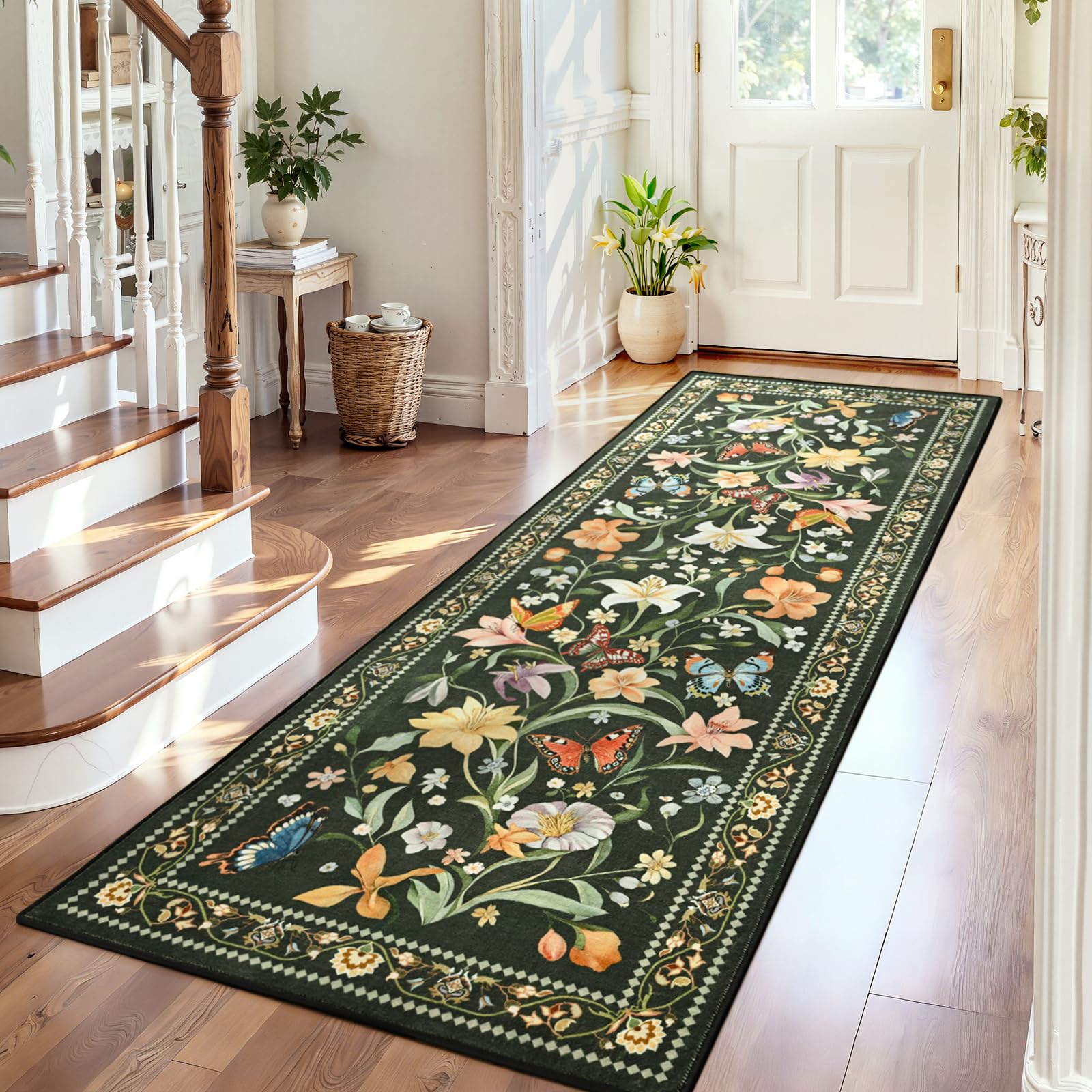 2x6 Washable Runners for Hallways Non Slip, Black Floral Kitchen Runner Rug with Rubber Backing, Vintage Carpet Runner for Entryway, Kitchen, Laundry, Bedroom, Bathroom