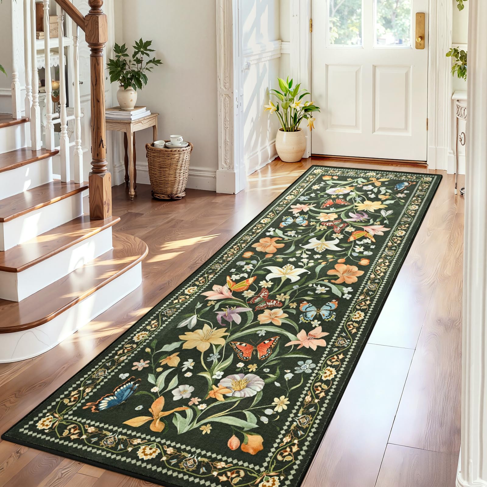 2x6 Washable Runners for Hallways Non Slip, Black Floral Kitchen Runner Rug with Rubber Backing, Vintage Carpet Runner for Entryway, Kitchen, Laundry, Bedroom, Bathroom