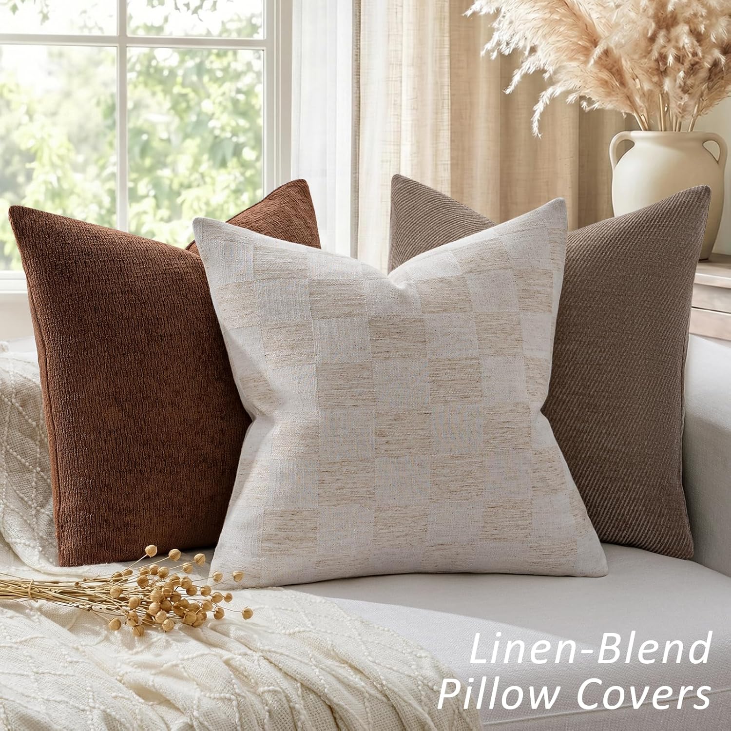 a moment Set of 2 Decorative Linen Throw Pillow Covers,Large Grid Textured Neutral Boho Farmhouse Cushion Covers,Soft Aesthetic Pillowcases for Couch Sofa Living Room Home Decor,20x20 Inch,Beige