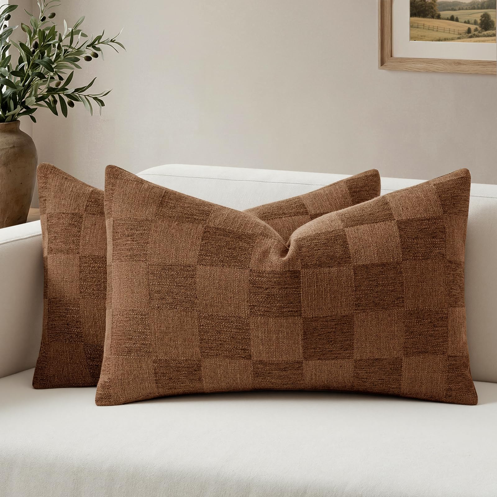 a moment Set of 2 Decorative Linen Throw Pillow Covers,Large Grid Textured Neutral Boho Farmhouse Cushion Covers,Soft Aesthetic Pillowcases for Couch Sofa Living Room Home Decor,20x20 Inch,Beige