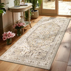 Yamaziot Washable Runner Rug, 2x8 Non-Slip Boho Vintage Hallway Rug Runner with Rubber Backing, Stain Resistant & Low Pile Faux Wool Distressed Carpet Runner for Bedroom, Kitchen, Laundry, Entrance