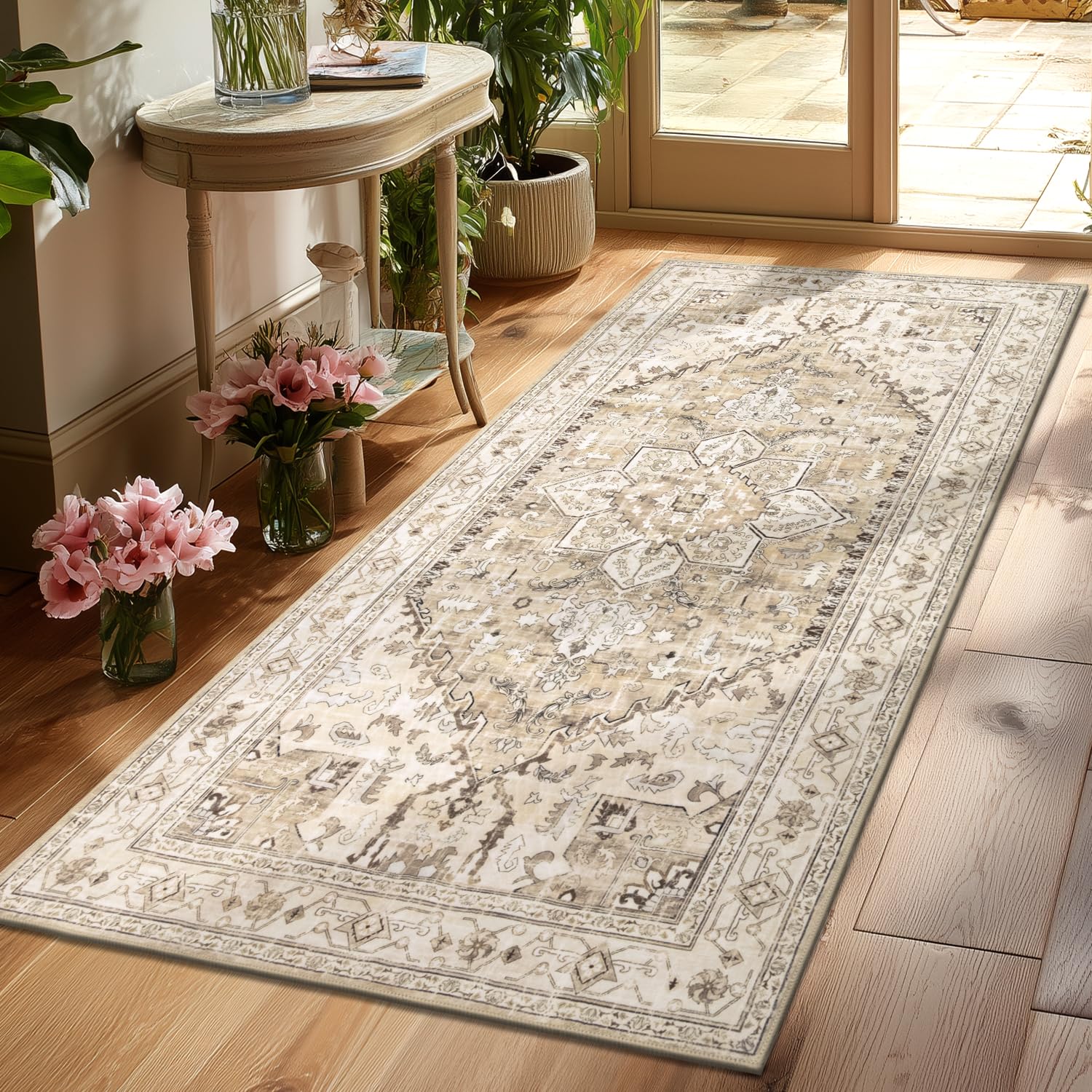 Yamaziot Washable Runner Rug, 2x8 Non-Slip Boho Vintage Hallway Rug Runner with Rubber Backing, Stain Resistant & Low Pile Faux Wool Distressed Carpet Runner for Bedroom, Kitchen, Laundry, Entrance