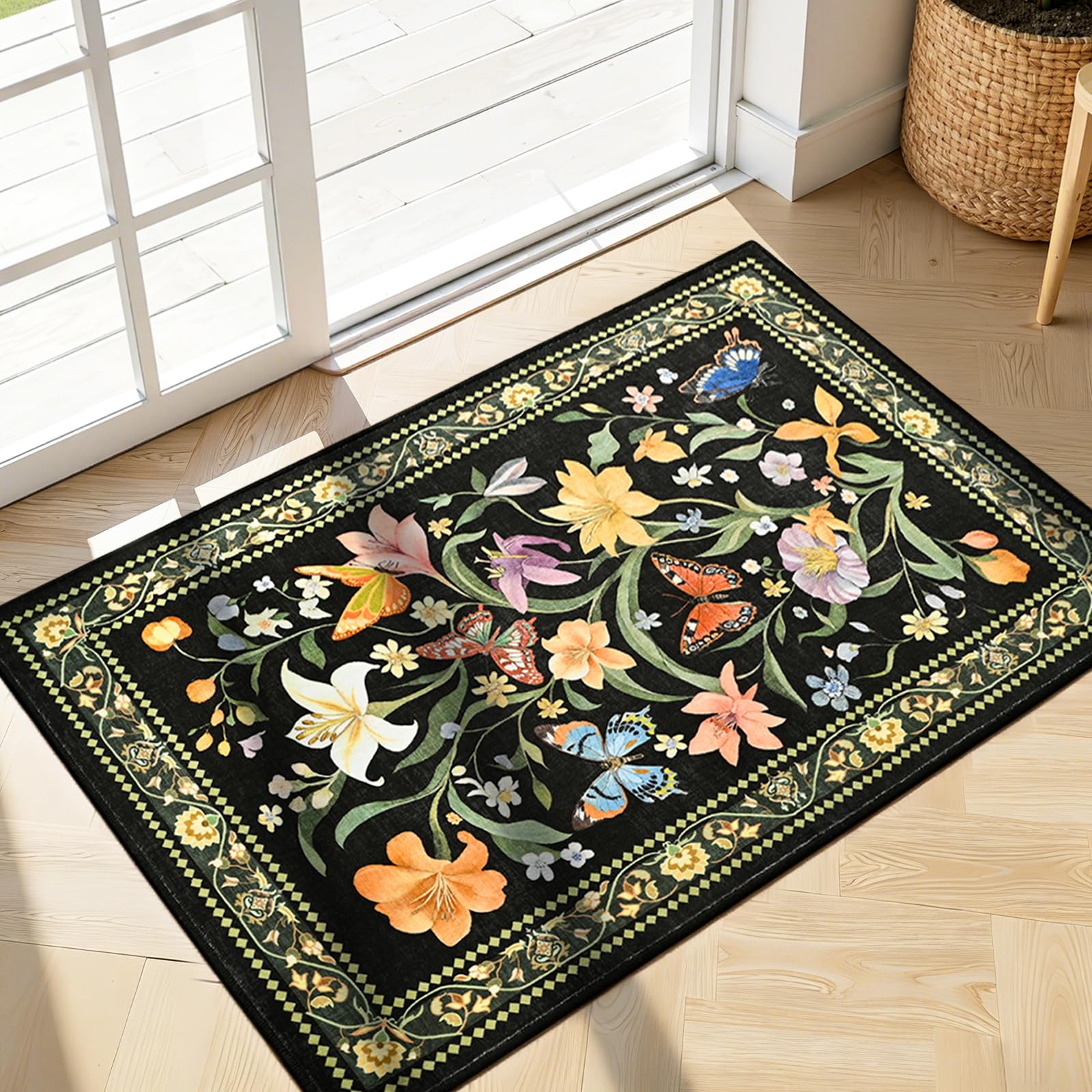 2x6 Washable Runners for Hallways Non Slip, Black Floral Kitchen Runner Rug with Rubber Backing, Vintage Carpet Runner for Entryway, Kitchen, Laundry, Bedroom, Bathroom
