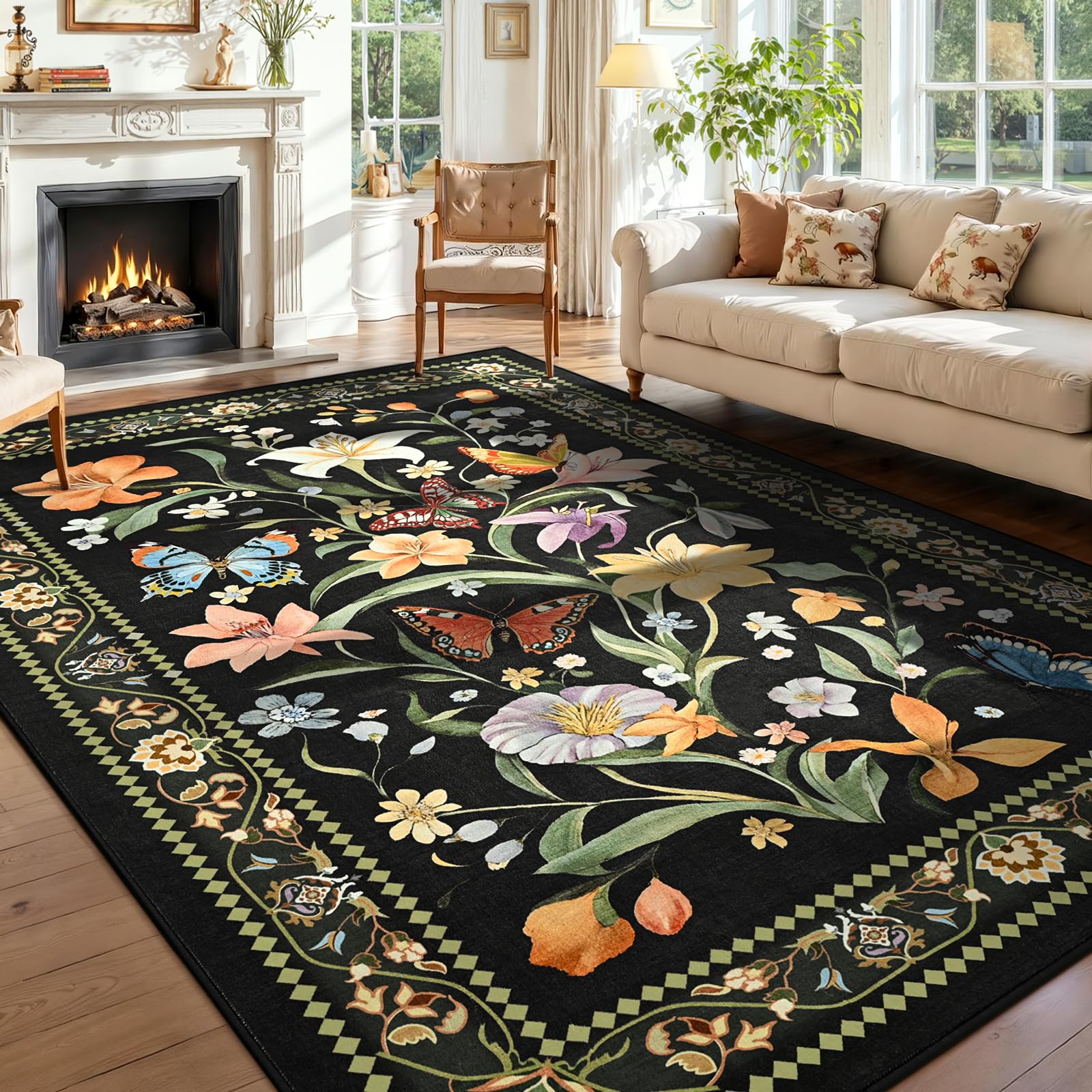 2x6 Washable Runners for Hallways Non Slip, Black Floral Kitchen Runner Rug with Rubber Backing, Vintage Carpet Runner for Entryway, Kitchen, Laundry, Bedroom, Bathroom