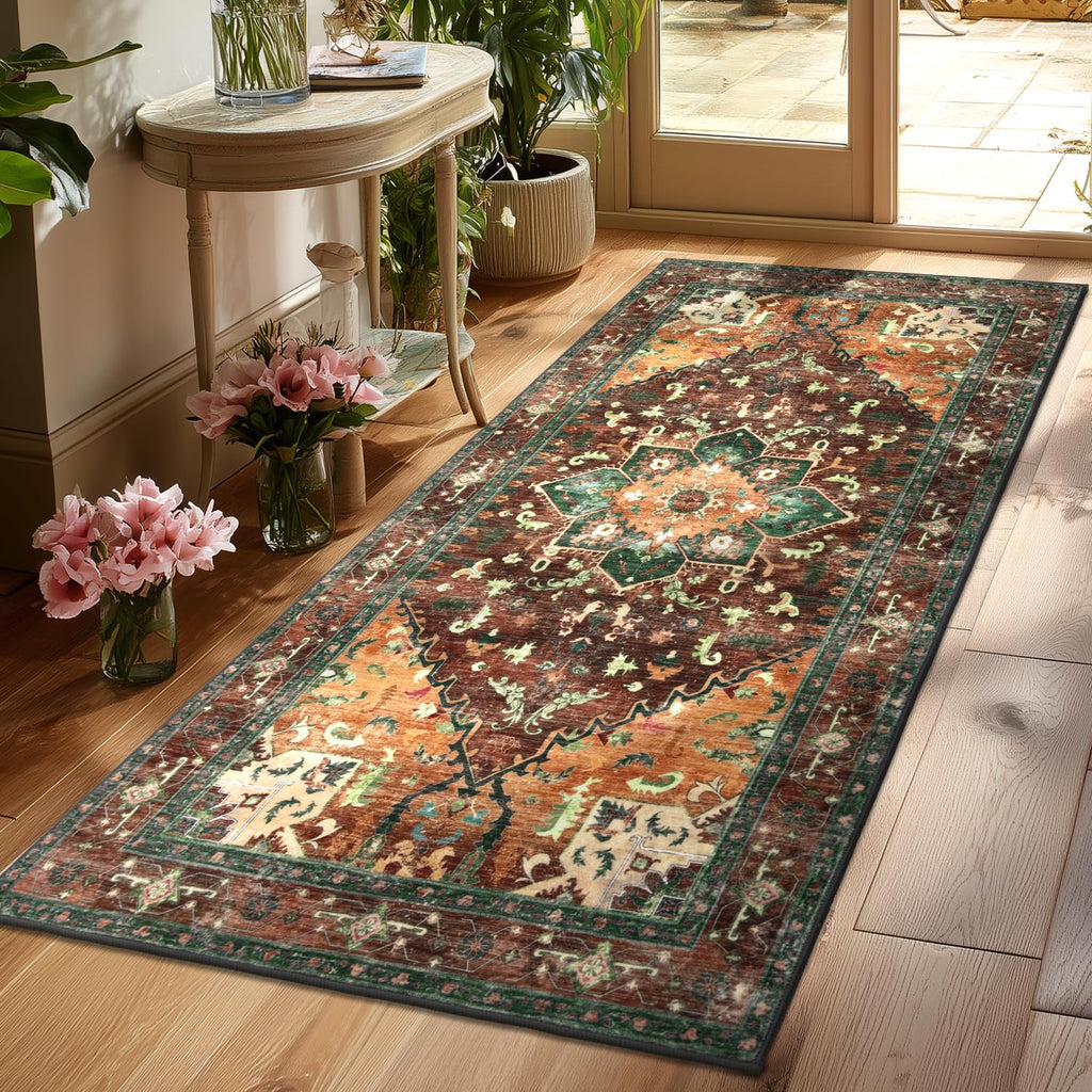 Yamaziot Washable Runner Rug, 2x8 Non-Slip Boho Vintage Hallway Rug Runner with Rubber Backing, Stain Resistant & Low Pile Faux Wool Distressed Carpet Runner for Bedroom, Kitchen, Laundry, Entrance