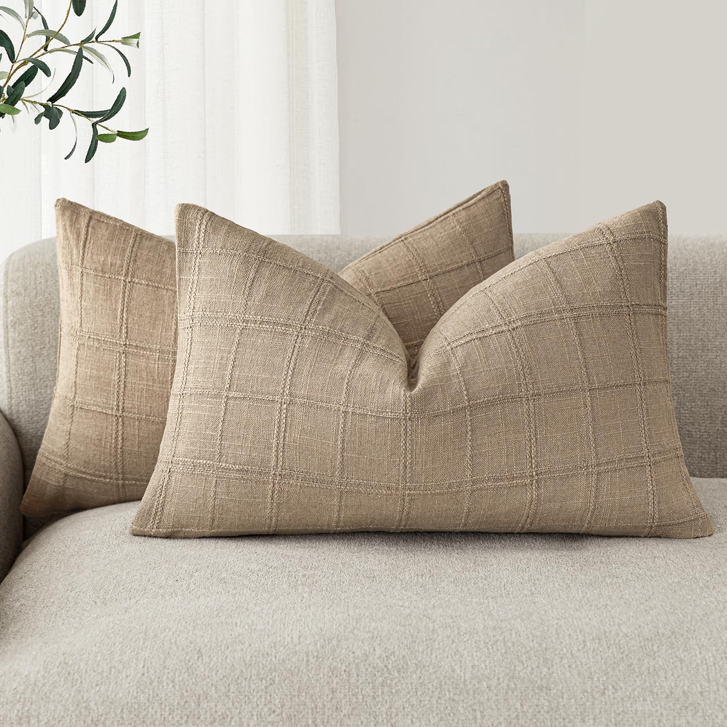 Foindtower Set of 2 Decorative Linen Check Throw Pillow Covers Neutral Farmhouse Vintage Cushion Covers Modern Boho Home Decor for Sofa Chair Couch Bedroom Living Room,18×18 Inch,Natural Beige
