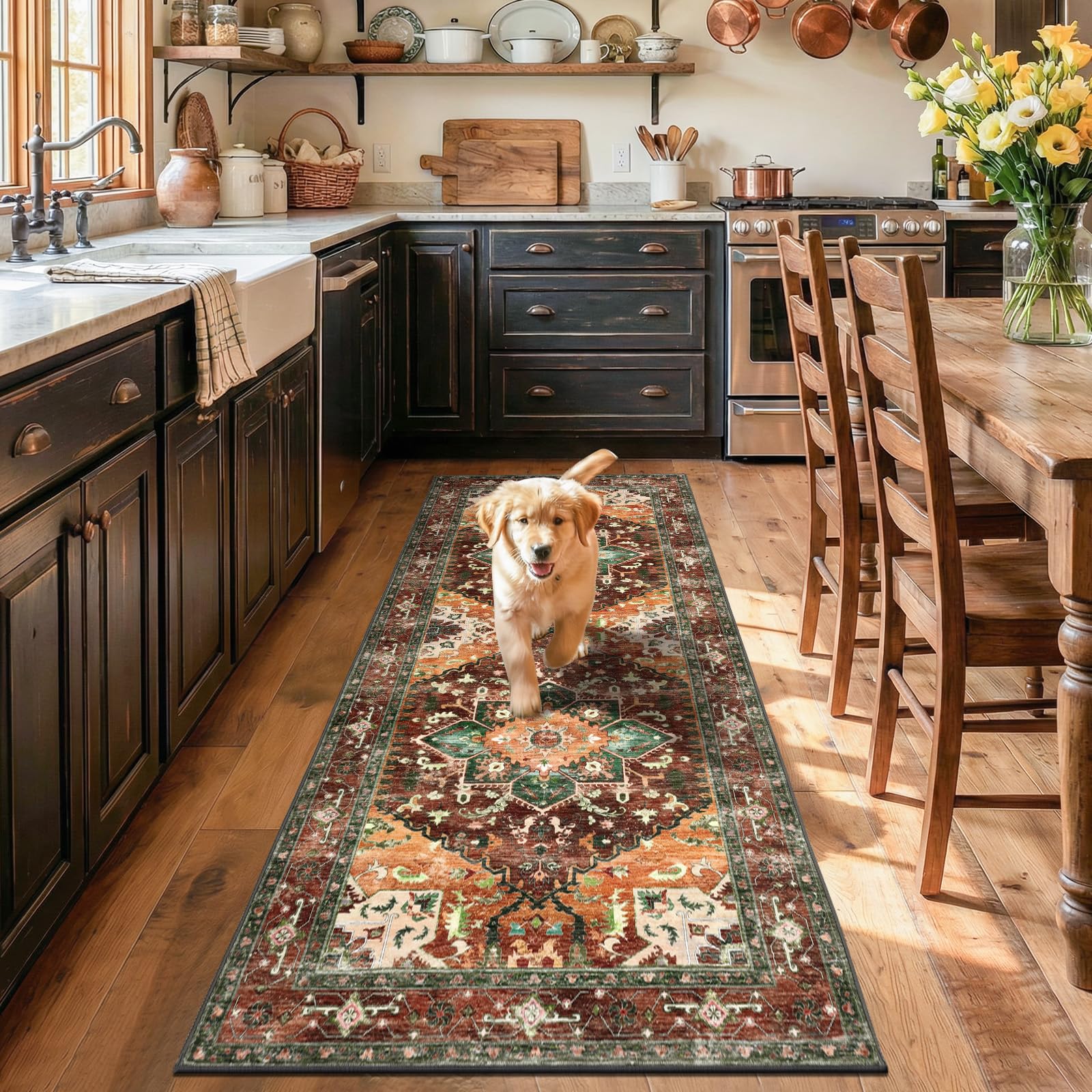 Yamaziot Washable Runner Rug, 2x8 Non-Slip Boho Vintage Hallway Rug Runner with Rubber Backing, Stain Resistant & Low Pile Faux Wool Distressed Carpet Runner for Bedroom, Kitchen, Laundry, Entrance