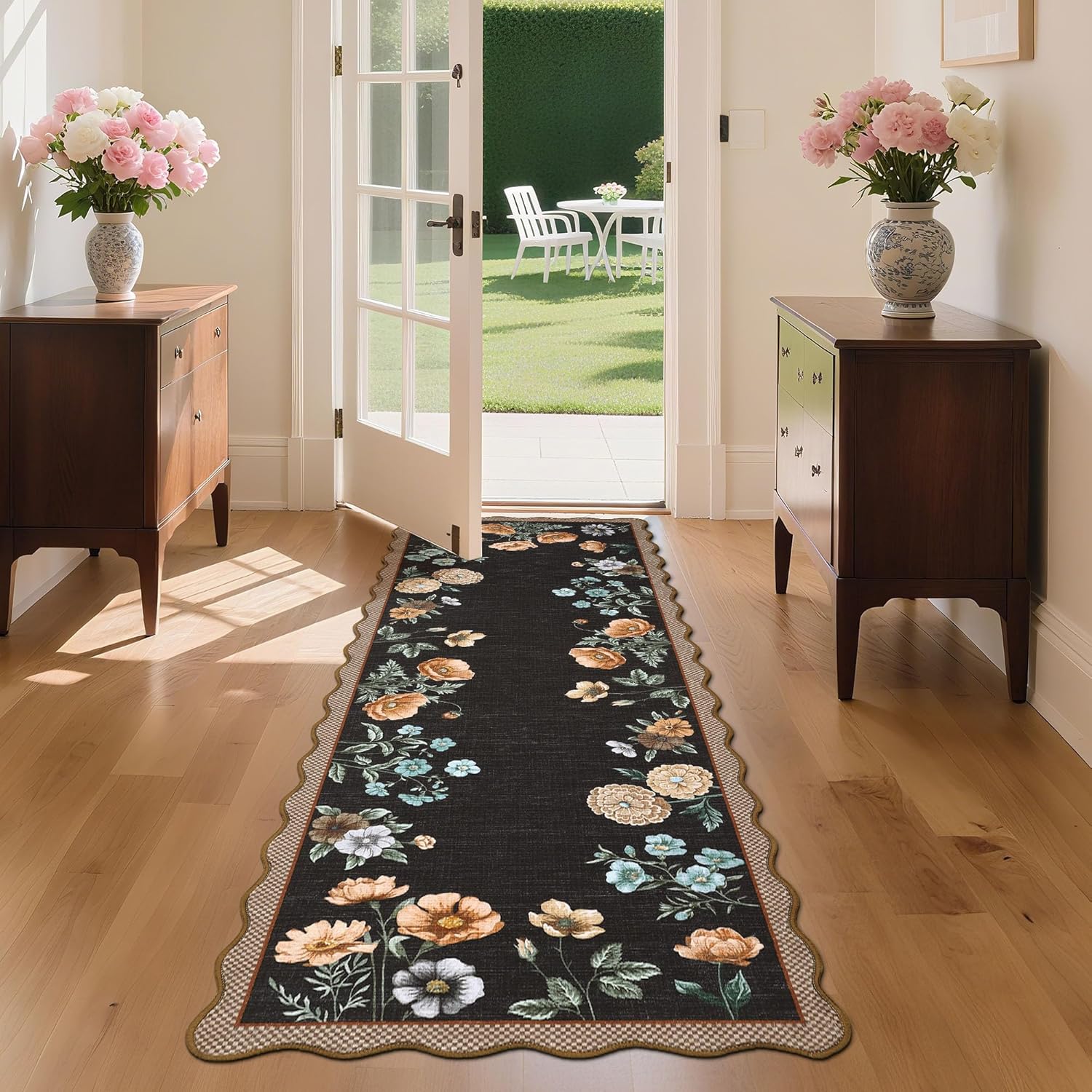 GarveeHome Floral Scalloped Kitchen Runner Rug, 2X6 Washable Hallway Runner Non-Slip, Soft Print Laundry Room Rug Low-Pile Stain Resistant Boho Carpet for Bathroom Bedroom Dorm, Black