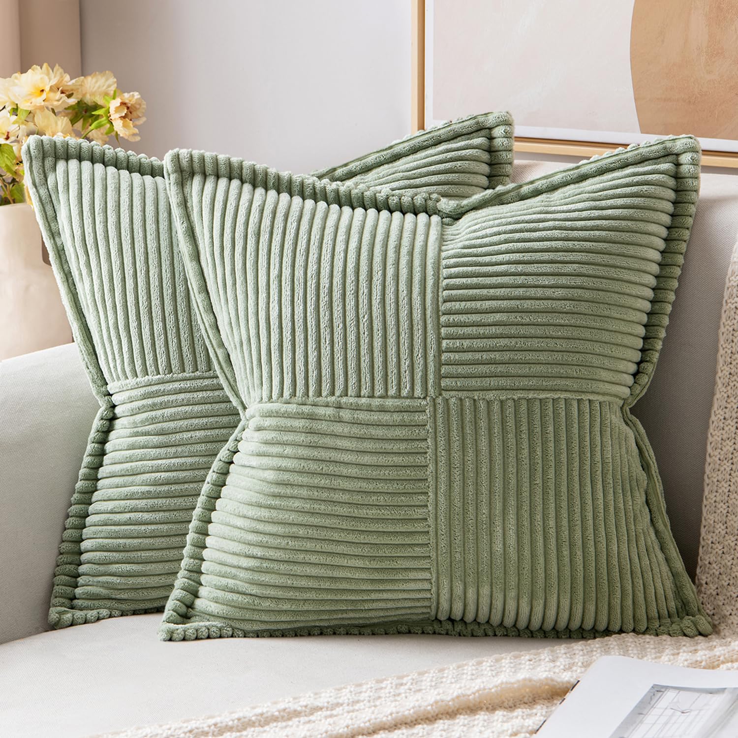 MIULEE Decorative Throw Pillow Covers for Couch Bed Livingroom 20x20 Inch Set of 2 Beige Boho Accent Throw Pllows Broadside Striped Patchwork Soft Corduroy Pillowcases