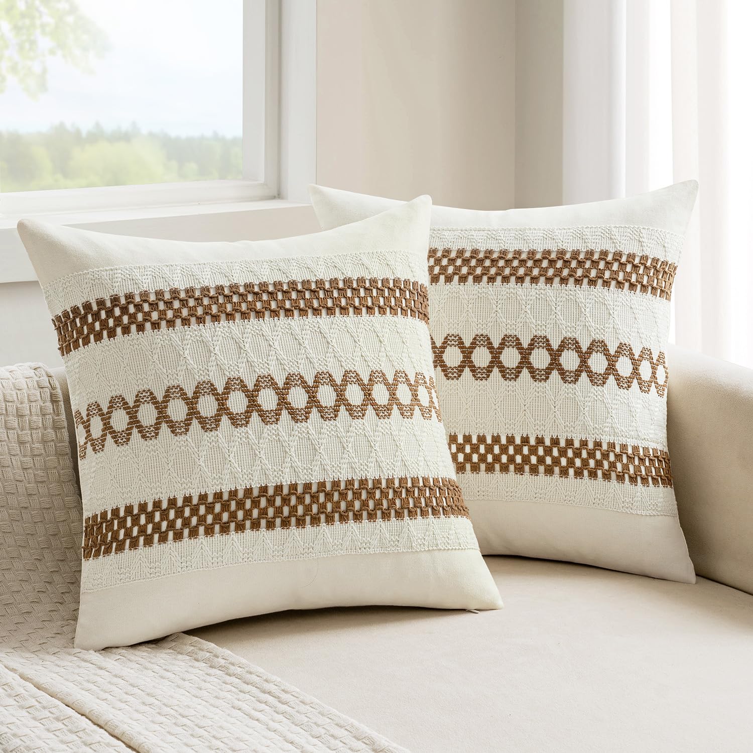 Set of 2 18x18 Inch Sage Green Macrame Woven Boho Farmhouse Pillow Covers Retro Cotton Cushion Cases for Sofa Bed Chair Summer Spring Decor