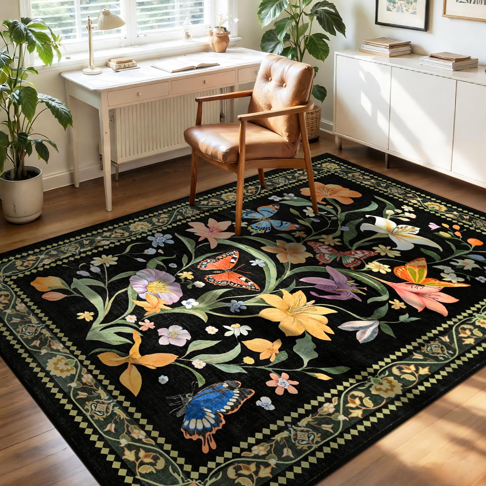 2x6 Washable Runners for Hallways Non Slip, Black Floral Kitchen Runner Rug with Rubber Backing, Vintage Carpet Runner for Entryway, Kitchen, Laundry, Bedroom, Bathroom