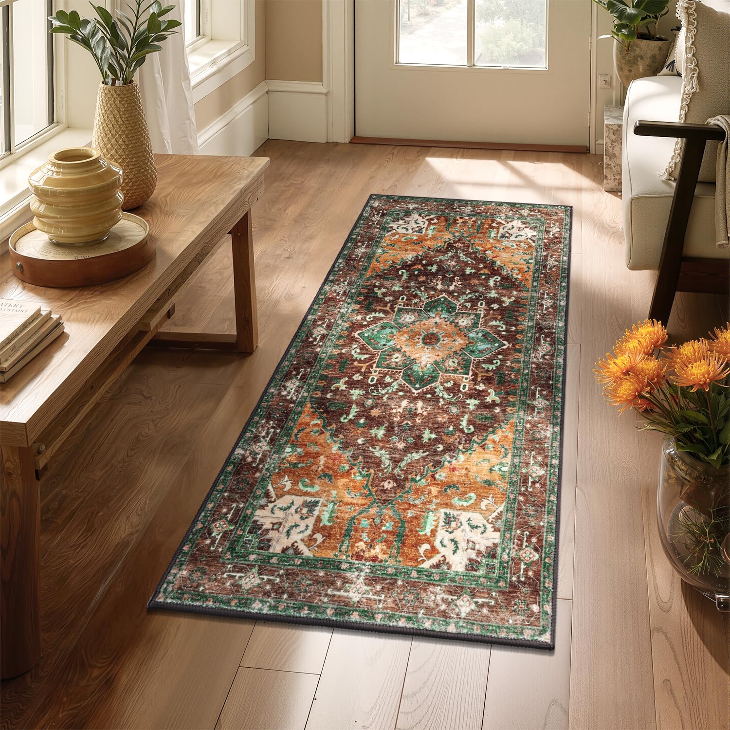 Yamaziot Washable Runner Rug, 2x8 Non-Slip Boho Vintage Hallway Rug Runner with Rubber Backing, Stain Resistant & Low Pile Faux Wool Distressed Carpet Runner for Bedroom, Kitchen, Laundry, Entrance