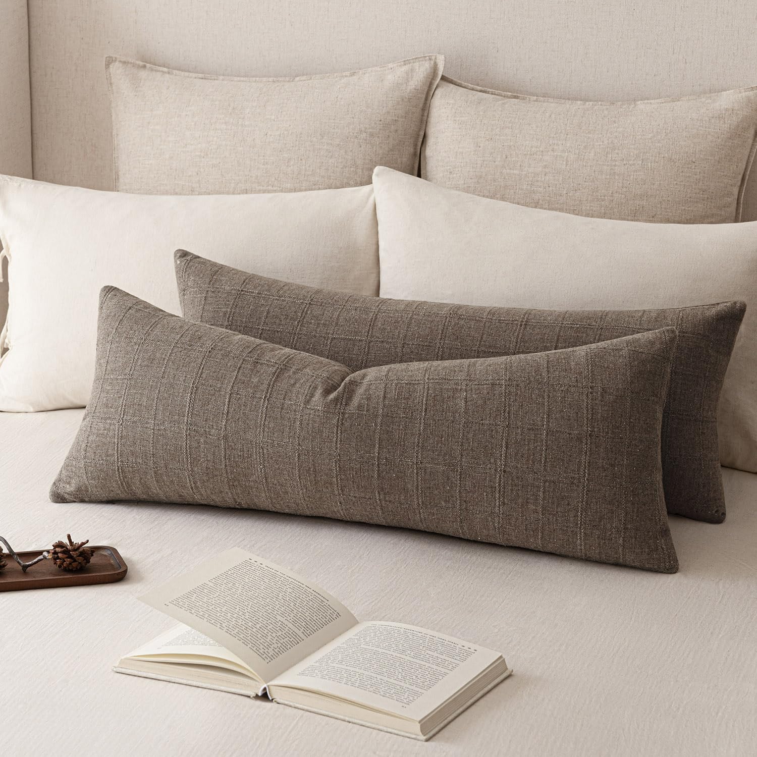 Foindtower Set of 2 Decorative Linen Check Throw Pillow Covers Neutral Farmhouse Vintage Cushion Covers Modern Boho Home Decor for Sofa Chair Couch Bedroom Living Room,18×18 Inch,Natural Beige