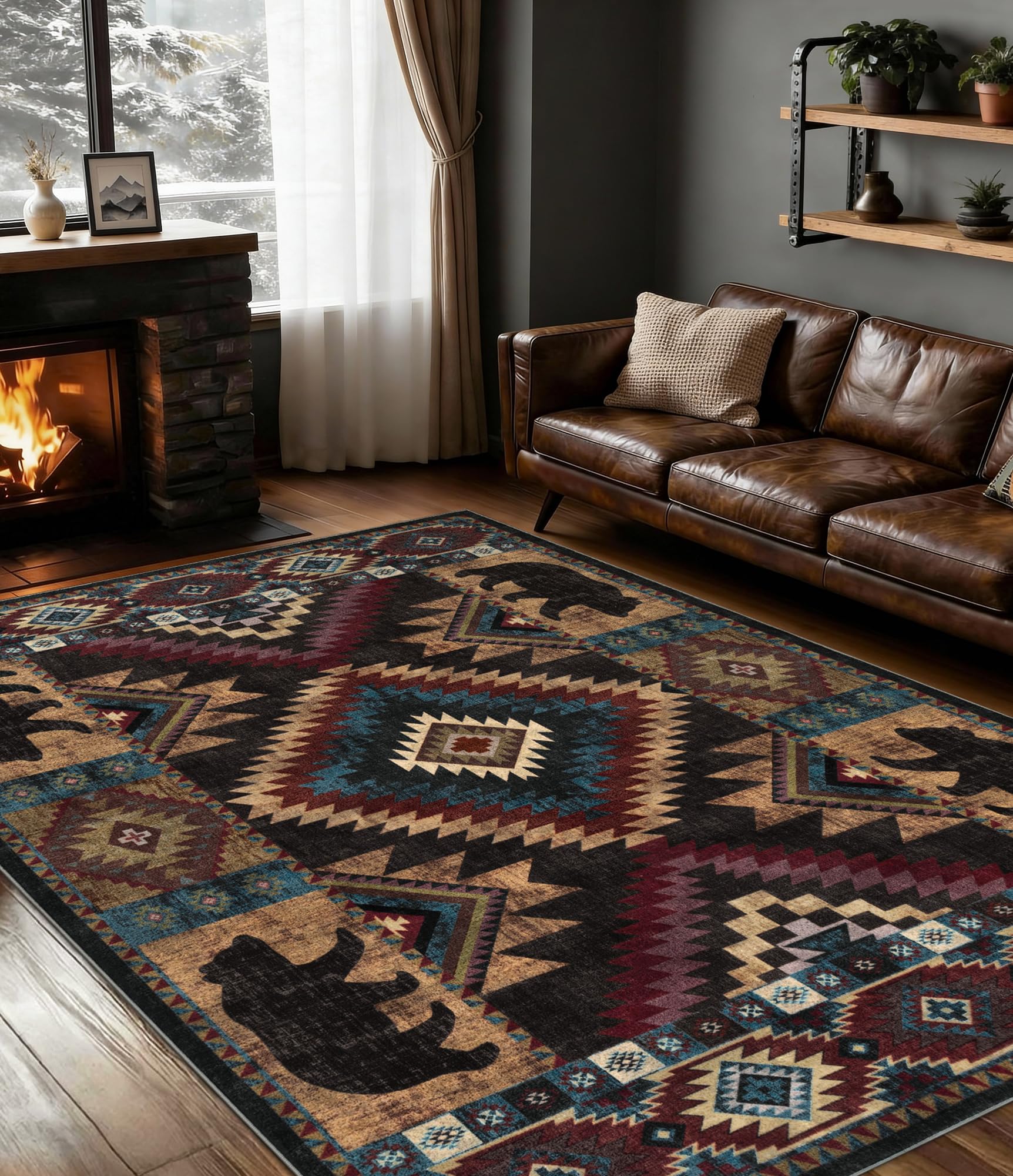 Hallway Runner Rug 2x6 Indoor Door Mat - Bear Rustic Cabin Non-Slip Entryway Rug, Low Pile Tribal Print for Kitchen, Bedroom