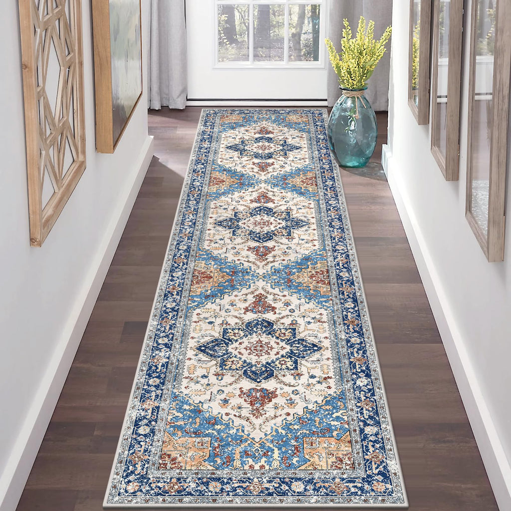 Yamaziot Washable Runner Rug, 2x8 Non-Slip Boho Vintage Hallway Rug Runner with Rubber Backing, Stain Resistant & Low Pile Faux Wool Distressed Carpet Runner for Bedroom, Kitchen, Laundry, Entrance