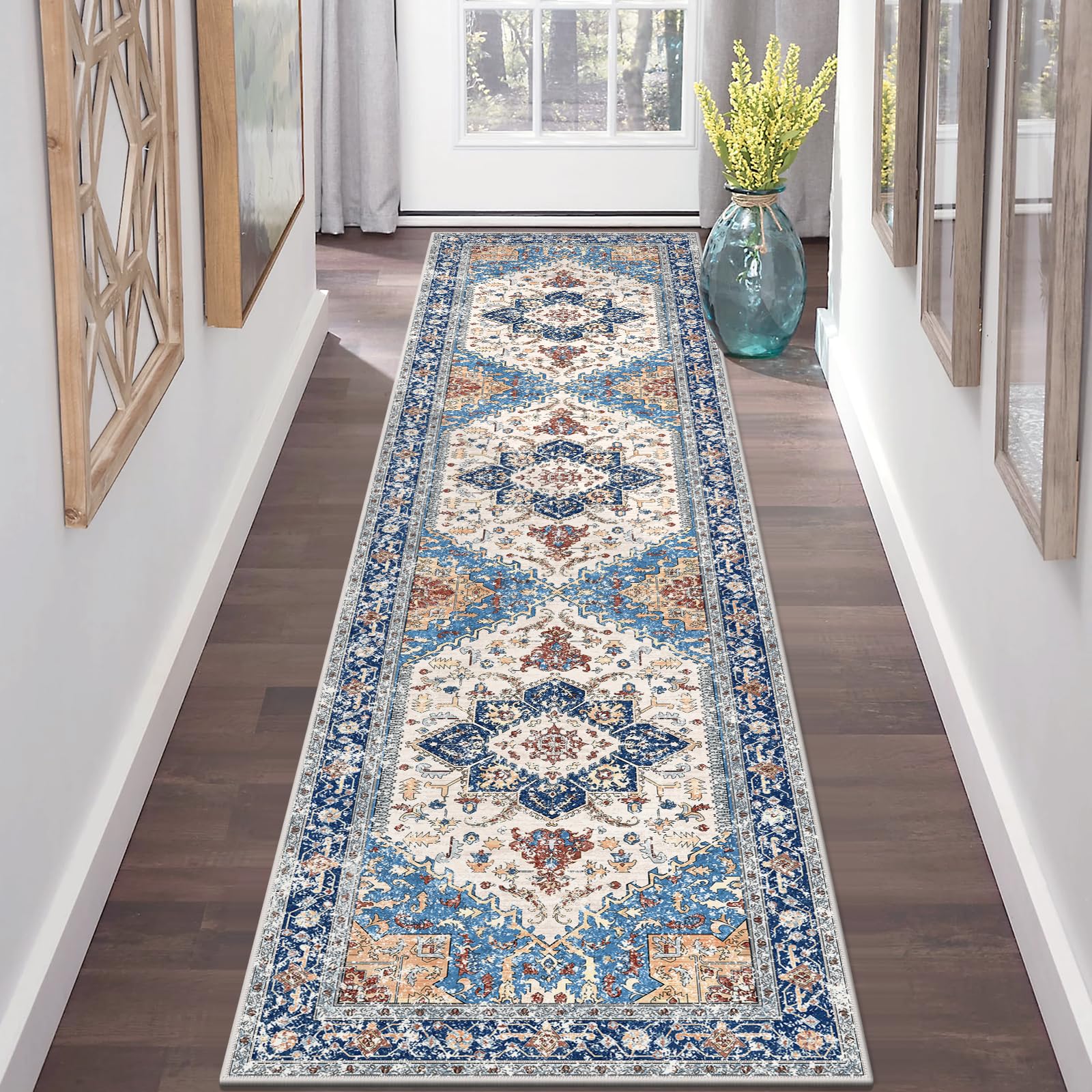 Yamaziot Washable Runner Rug, 2x8 Non-Slip Boho Vintage Hallway Rug Runner with Rubber Backing, Stain Resistant & Low Pile Faux Wool Distressed Carpet Runner for Bedroom, Kitchen, Laundry, Entrance