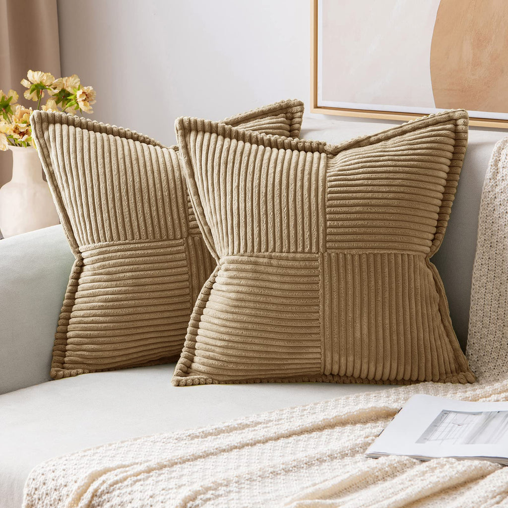 MIULEE Decorative Throw Pillow Covers for Couch Bed Livingroom 20x20 Inch Set of 2 Beige Boho Accent Throw Pllows Broadside Striped Patchwork Soft Corduroy Pillowcases