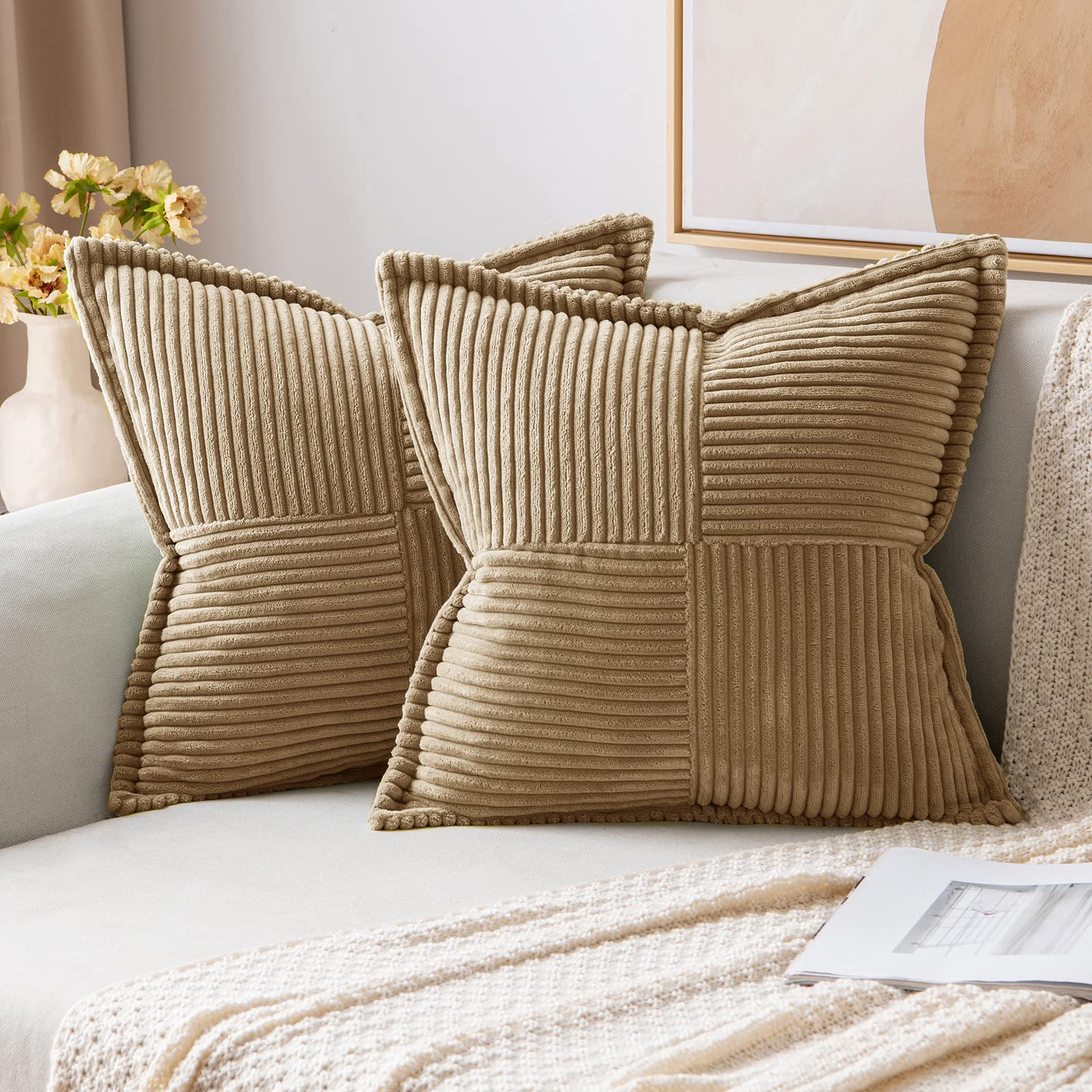 MIULEE Decorative Throw Pillow Covers for Couch Bed Livingroom 20x20 Inch Set of 2 Beige Boho Accent Throw Pllows Broadside Striped Patchwork Soft Corduroy Pillowcases
