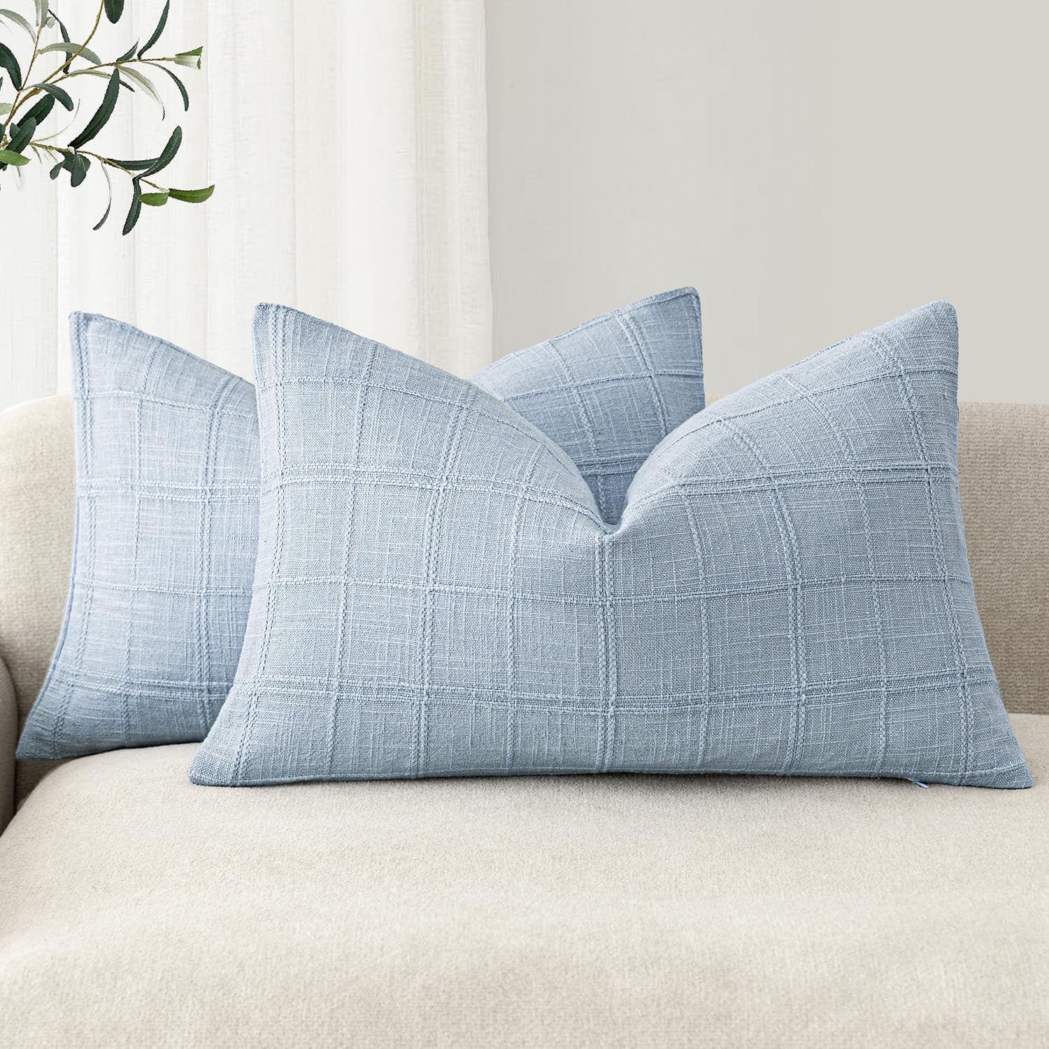 Foindtower Set of 2 Decorative Linen Check Throw Pillow Covers Neutral Farmhouse Vintage Cushion Covers Modern Boho Home Decor for Sofa Chair Couch Bedroom Living Room,18×18 Inch,Natural Beige