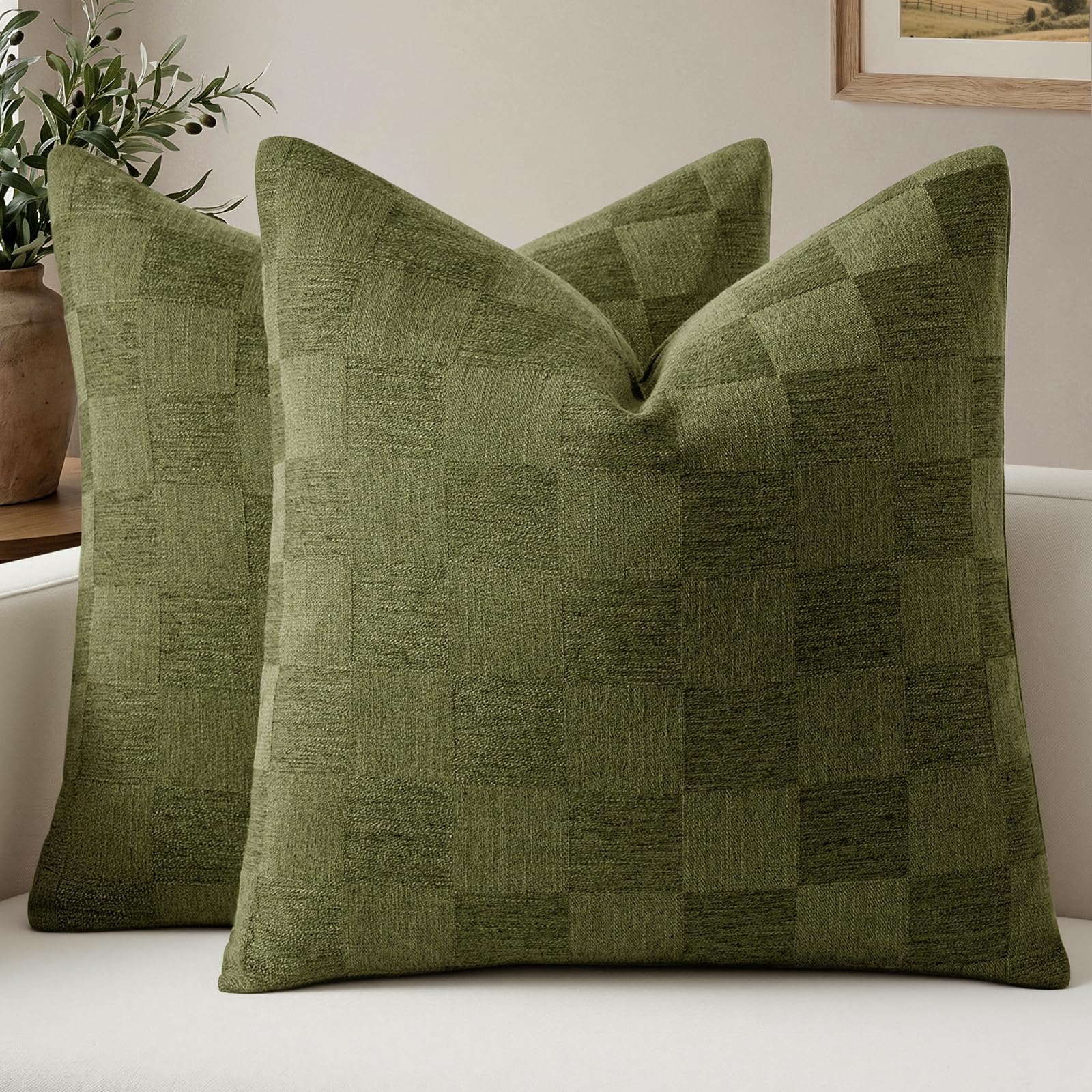 a moment Set of 2 Decorative Linen Throw Pillow Covers,Large Grid Textured Neutral Boho Farmhouse Cushion Covers,Soft Aesthetic Pillowcases for Couch Sofa Living Room Home Decor,20x20 Inch,Beige