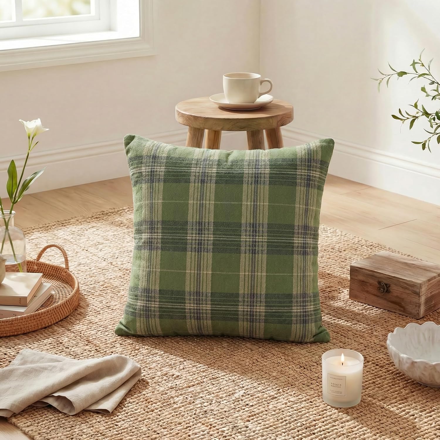 AVOIN colorlife Spring Summer Green Khaki Plaid Decorative Throw Pillow Covers, 18 x 18 Inch Holiday Scottish Tartan Cushion Case Farmhouse Decoration for Sofa Couch Set of 2