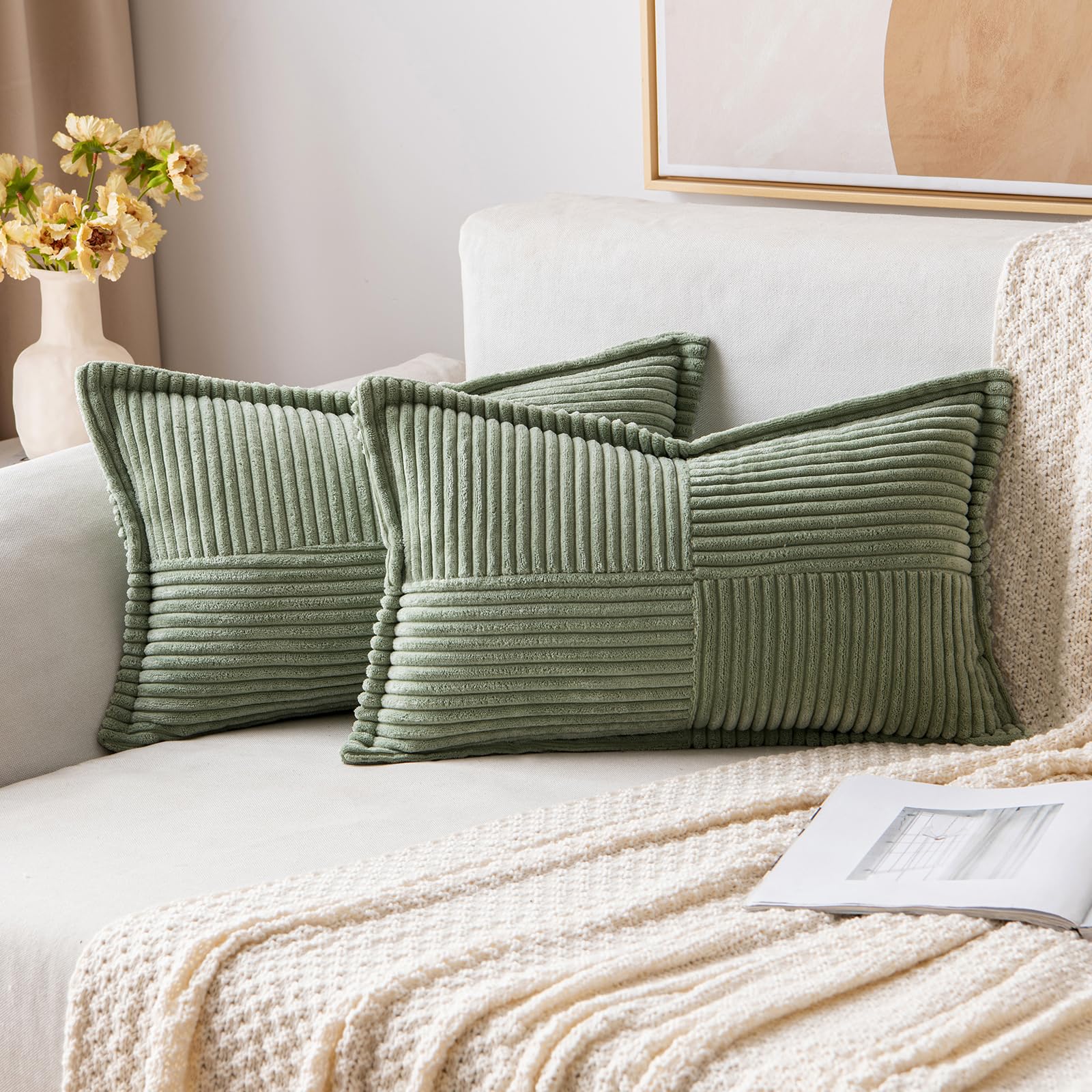 MIULEE Decorative Throw Pillow Covers for Couch Bed Livingroom 20x20 Inch Set of 2 Beige Boho Accent Throw Pllows Broadside Striped Patchwork Soft Corduroy Pillowcases