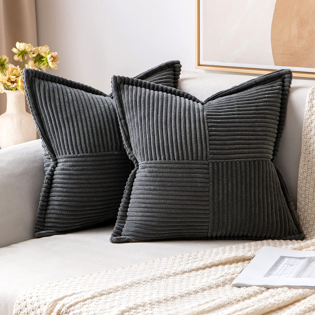 MIULEE Decorative Throw Pillow Covers for Couch Bed Livingroom 20x20 Inch Set of 2 Beige Boho Accent Throw Pllows Broadside Striped Patchwork Soft Corduroy Pillowcases