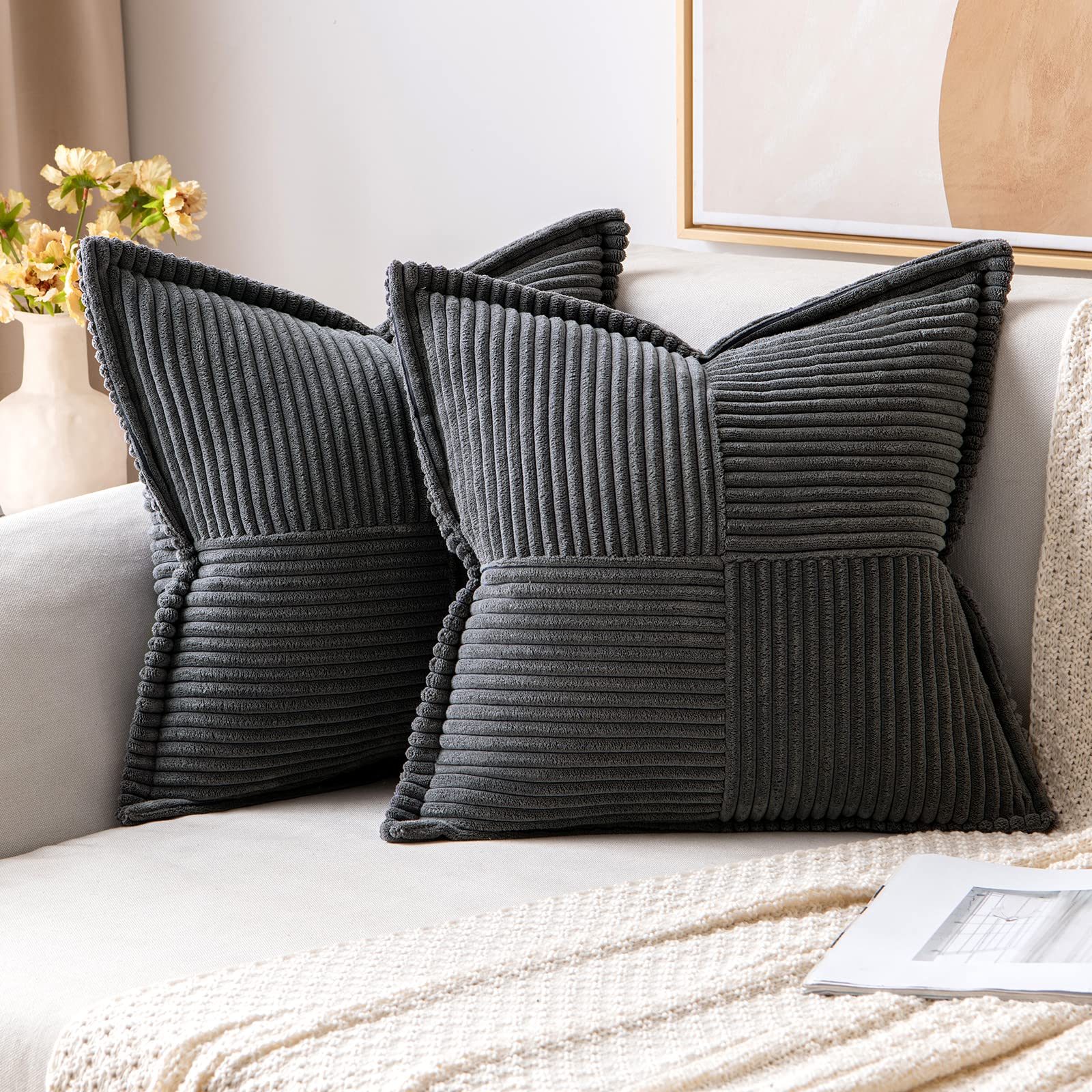MIULEE Decorative Throw Pillow Covers for Couch Bed Livingroom 20x20 Inch Set of 2 Beige Boho Accent Throw Pllows Broadside Striped Patchwork Soft Corduroy Pillowcases