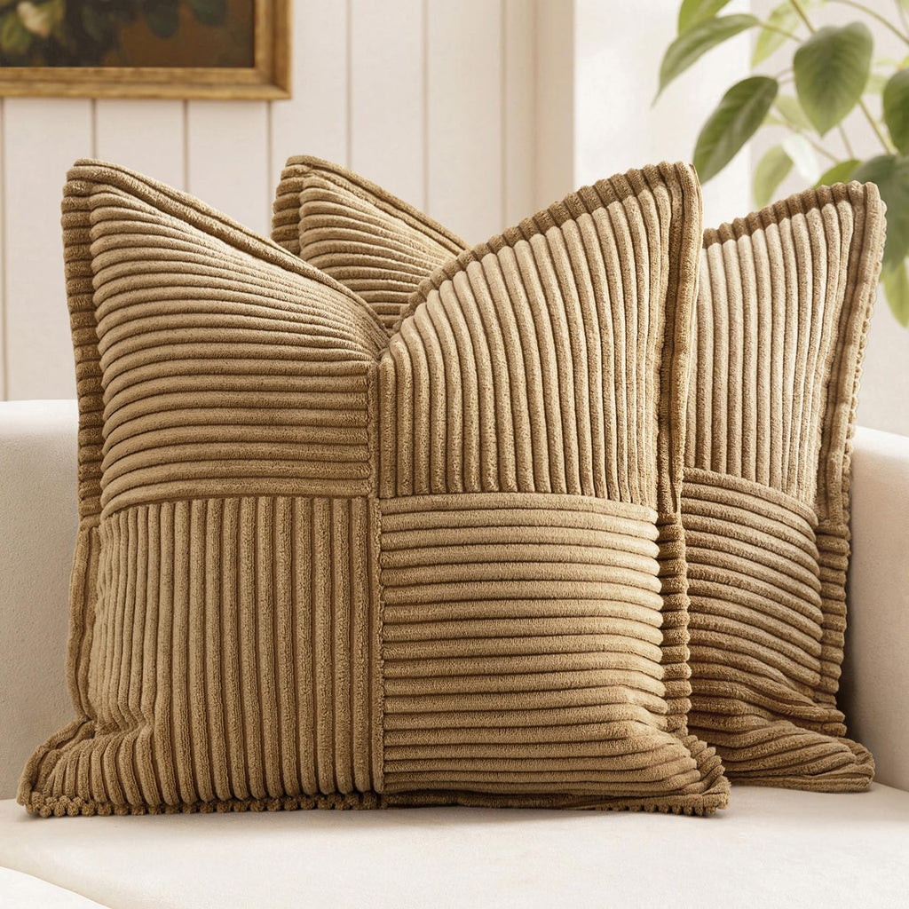 MIULEE Decorative Throw Pillow Covers for Couch Bed Livingroom 20x20 Inch Set of 2 Beige Boho Accent Throw Pllows Broadside Striped Patchwork Soft Corduroy Pillowcases