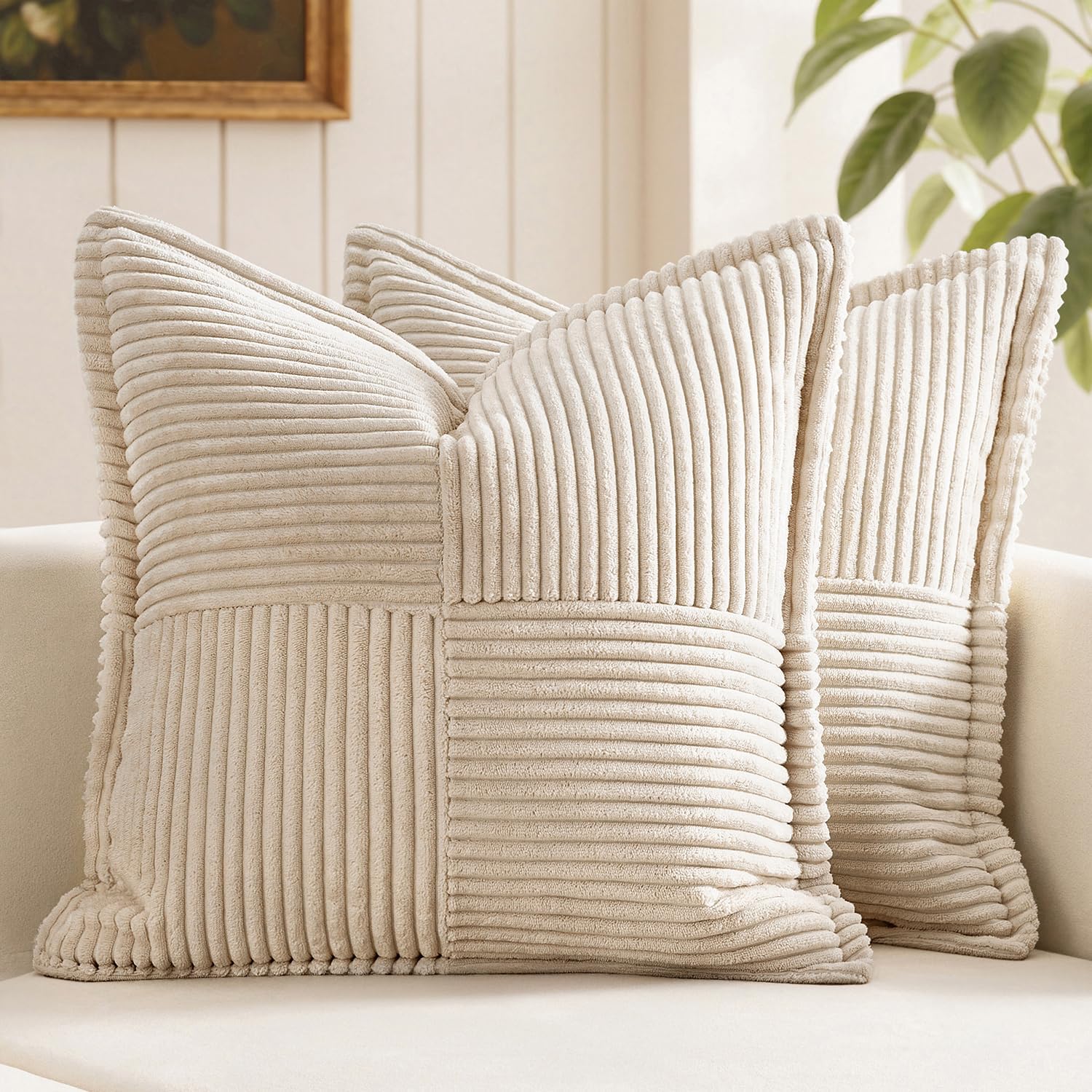 MIULEE Decorative Throw Pillow Covers for Couch Bed Livingroom 20x20 Inch Set of 2 Beige Boho Accent Throw Pllows Broadside Striped Patchwork Soft Corduroy Pillowcases