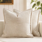 MIULEE Decorative Throw Pillow Covers for Couch Bed Livingroom 20x20 Inch Set of 2 Beige Boho Accent Throw Pllows Broadside Striped Patchwork Soft Corduroy Pillowcases