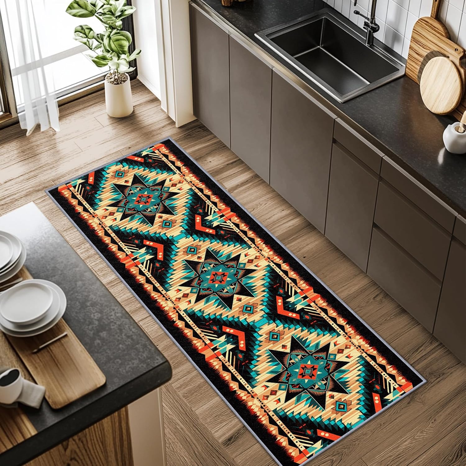 Aztec Rugs for Bedroom, Aztec Runner Rug, 2x7ft, Southwest Native American Rustic Hallway Runner, Boho Ethnic Retro Low Pile Washable Runner Rug - Aztec Home Decor