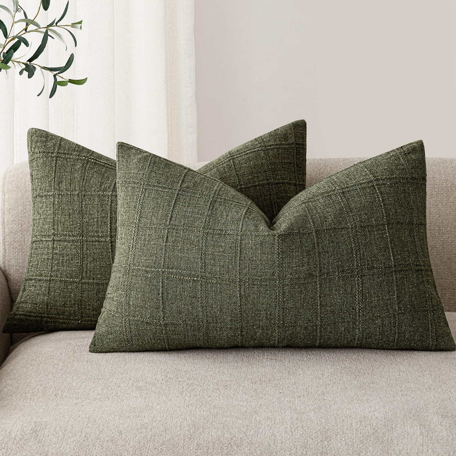 Foindtower Set of 2 Decorative Linen Check Throw Pillow Covers Neutral Farmhouse Vintage Cushion Covers Modern Boho Home Decor for Sofa Chair Couch Bedroom Living Room,18×18 Inch,Natural Beige