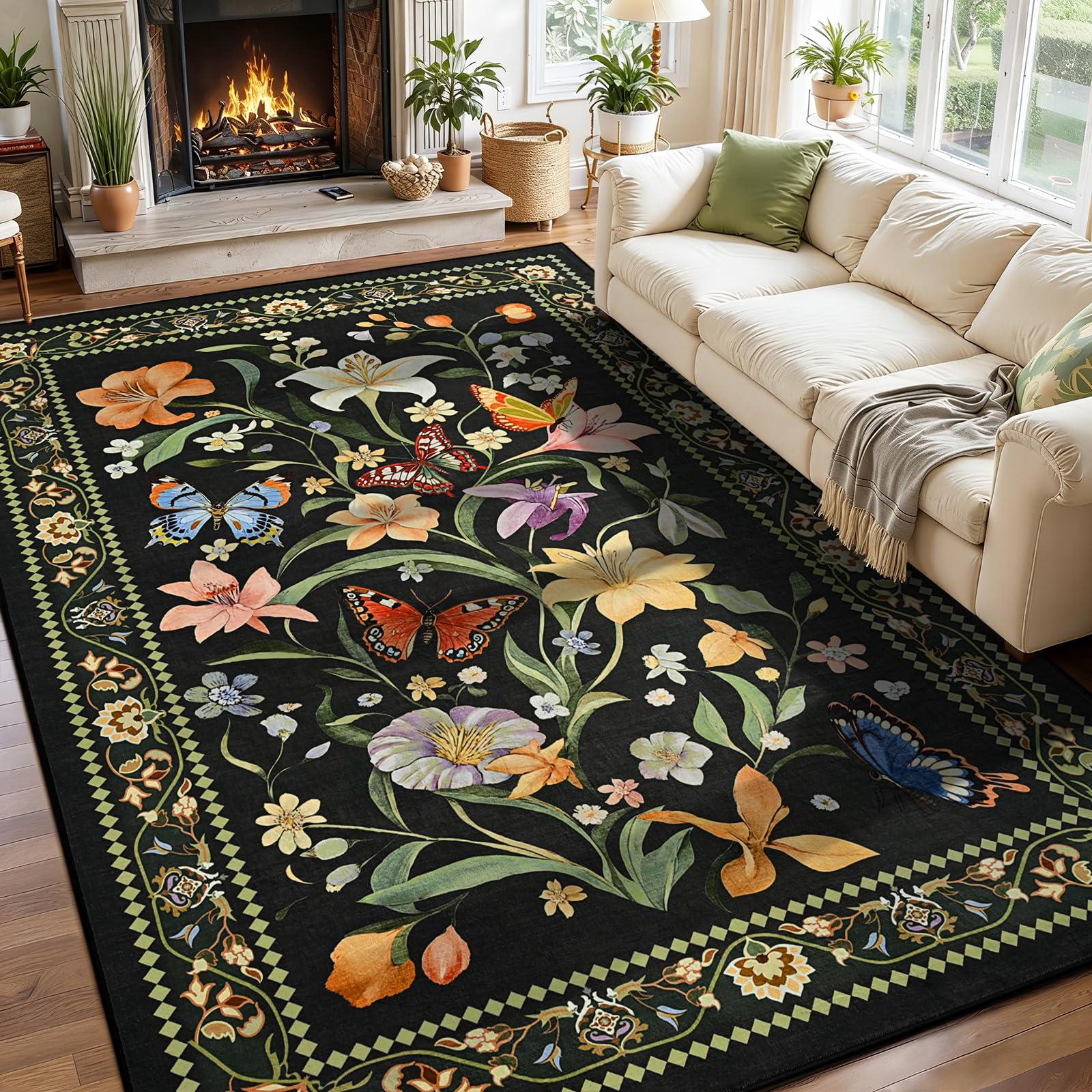 2x6 Washable Runners for Hallways Non Slip, Black Floral Kitchen Runner Rug with Rubber Backing, Vintage Carpet Runner for Entryway, Kitchen, Laundry, Bedroom, Bathroom