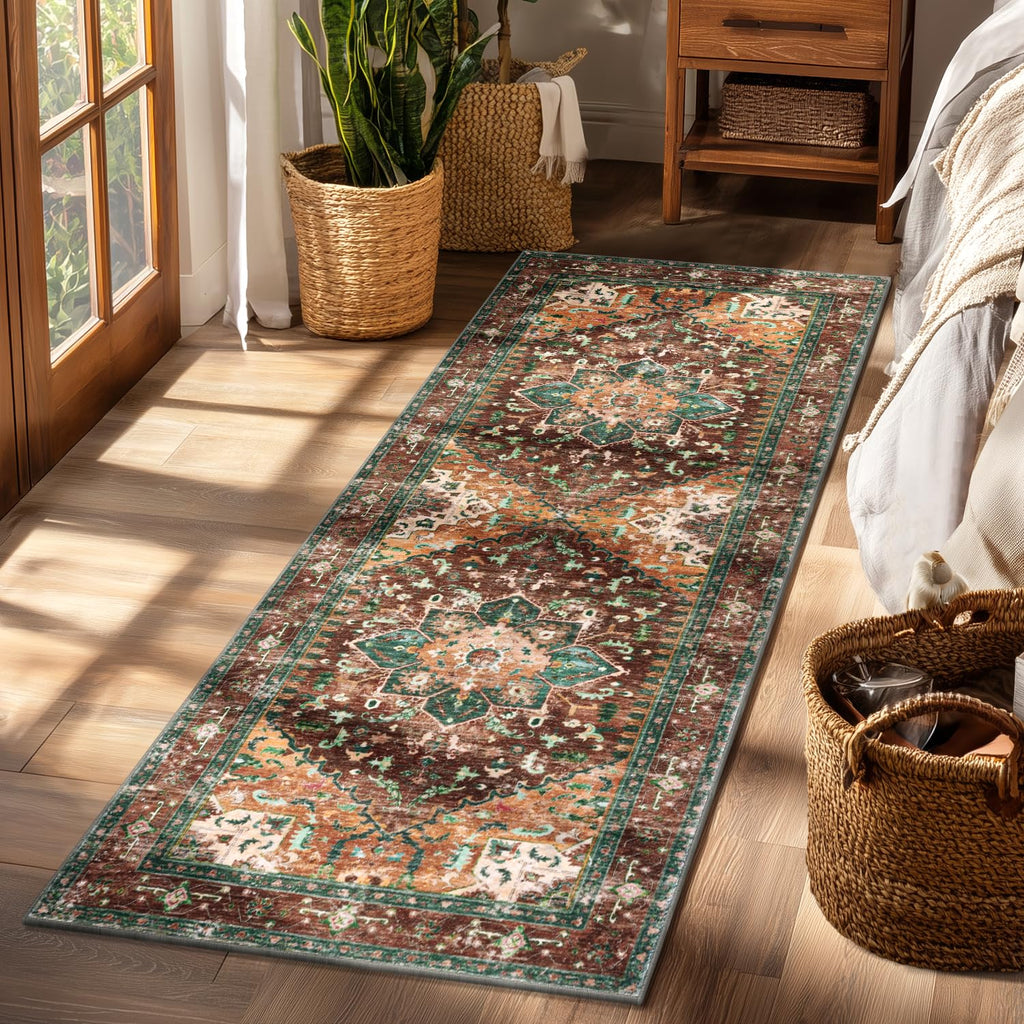 Yamaziot Washable Runner Rug, 2x8 Non-Slip Boho Vintage Hallway Rug Runner with Rubber Backing, Stain Resistant & Low Pile Faux Wool Distressed Carpet Runner for Bedroom, Kitchen, Laundry, Entrance