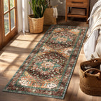Yamaziot Washable Runner Rug, 2x8 Non-Slip Boho Vintage Hallway Rug Runner with Rubber Backing, Stain Resistant & Low Pile Faux Wool Distressed Carpet Runner for Bedroom, Kitchen, Laundry, Entrance