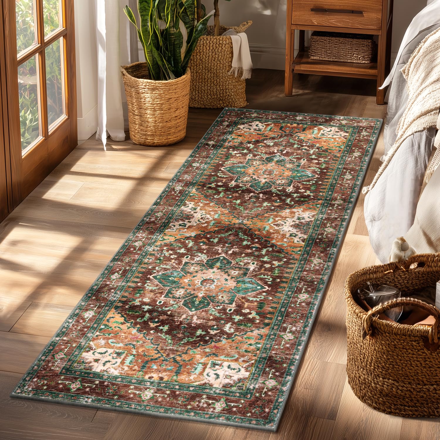 Yamaziot Washable Runner Rug, 2x8 Non-Slip Boho Vintage Hallway Rug Runner with Rubber Backing, Stain Resistant & Low Pile Faux Wool Distressed Carpet Runner for Bedroom, Kitchen, Laundry, Entrance