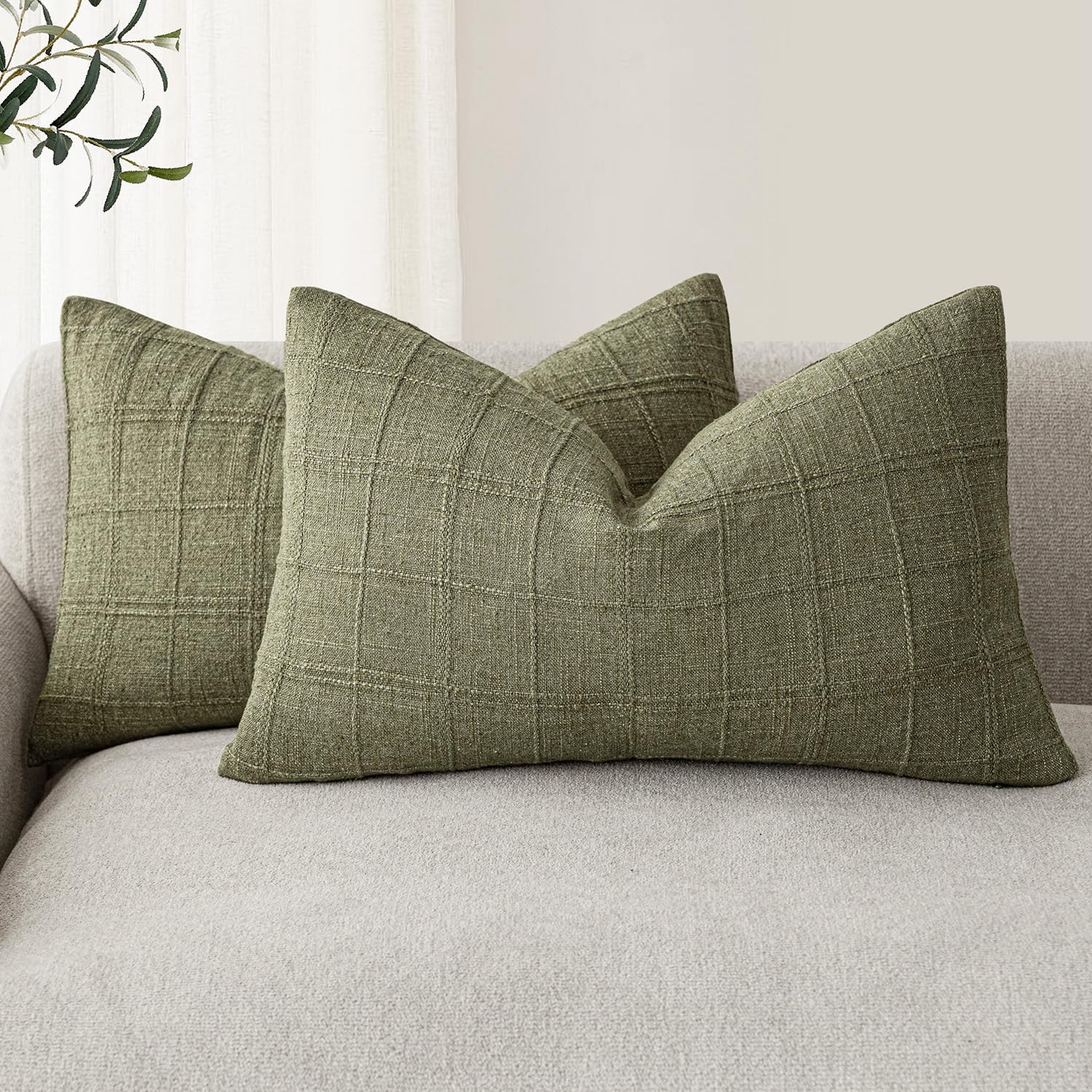 Foindtower Set of 2 Decorative Linen Check Throw Pillow Covers Neutral Farmhouse Vintage Cushion Covers Modern Boho Home Decor for Sofa Chair Couch Bedroom Living Room,18×18 Inch,Natural Beige