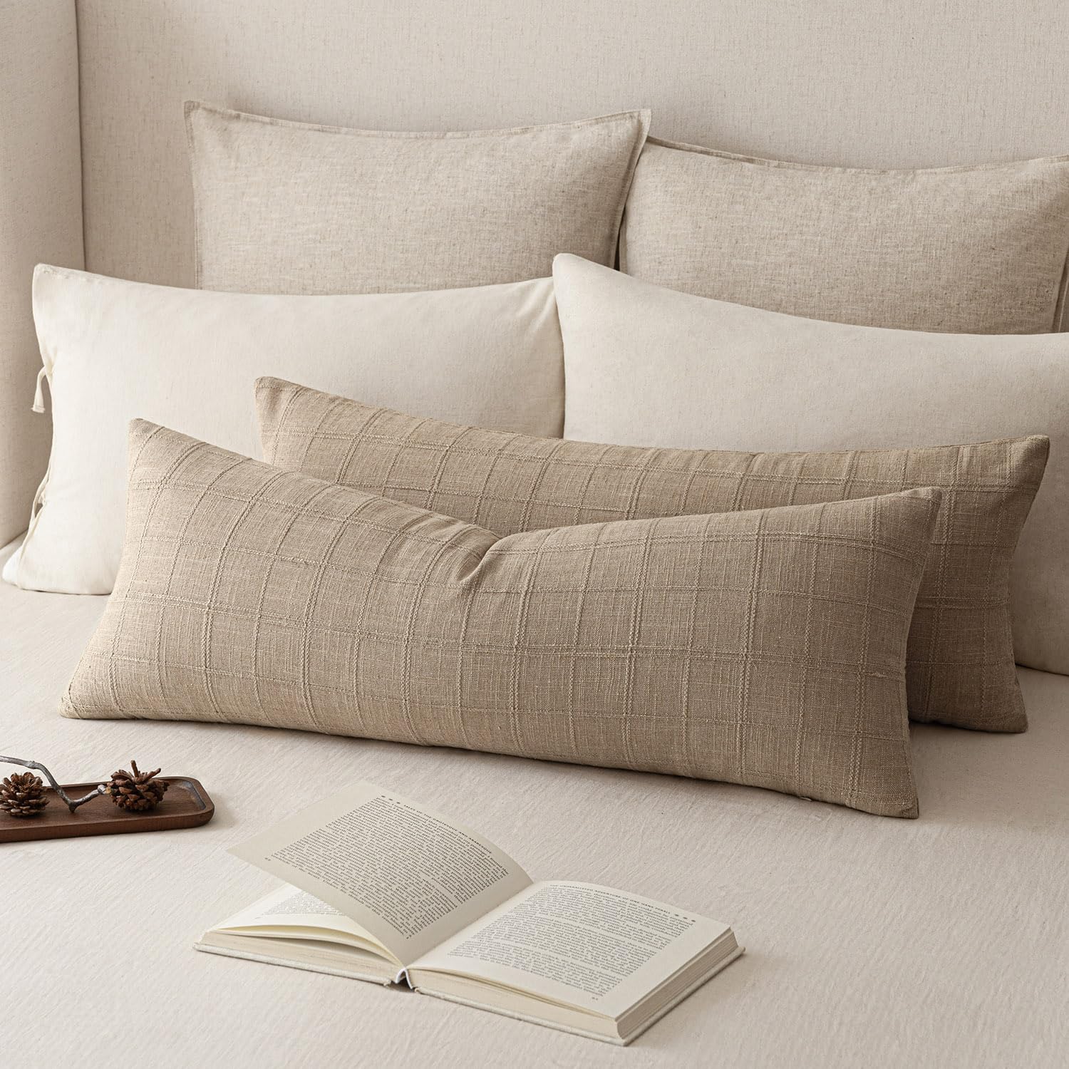 Foindtower Set of 2 Decorative Linen Check Throw Pillow Covers Neutral Farmhouse Vintage Cushion Covers Modern Boho Home Decor for Sofa Chair Couch Bedroom Living Room,18×18 Inch,Natural Beige